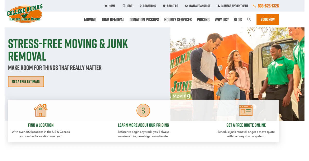 The home page of College Hunks Hauling Junk.