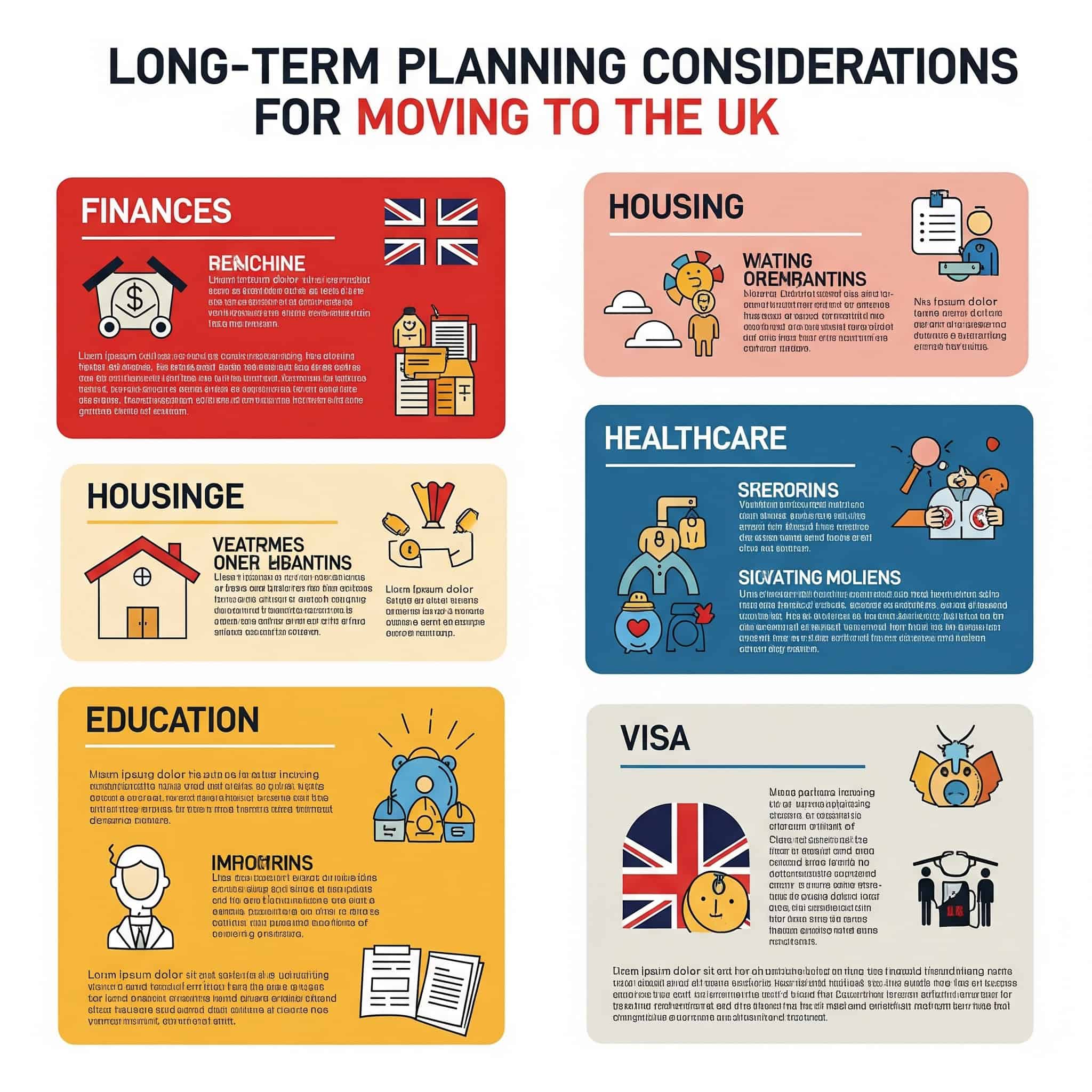 Detailed infographic illustrating the long-term planning considerations for moving to the UK.
