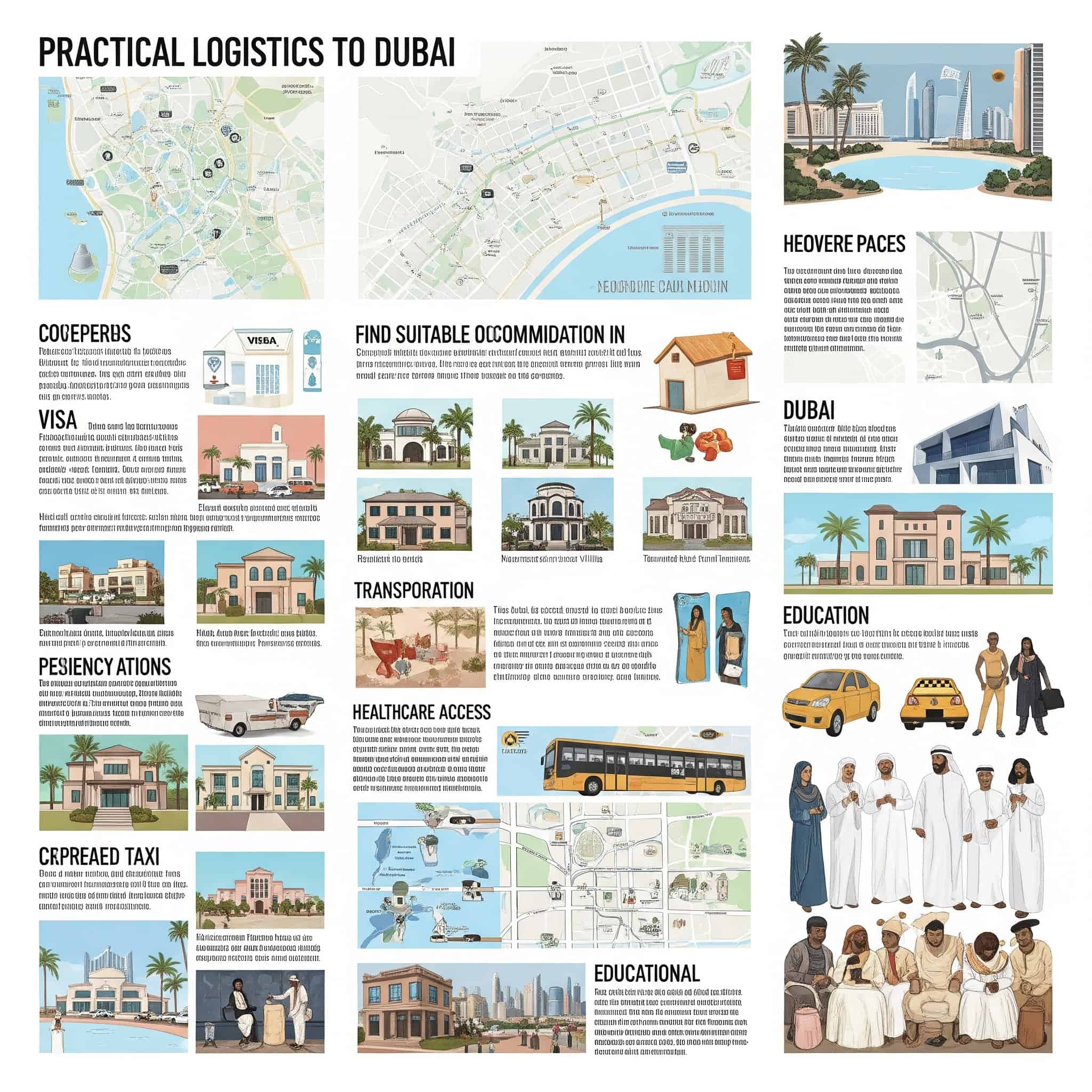 Infographic illustrating the practical logistics of moving to Dubai.