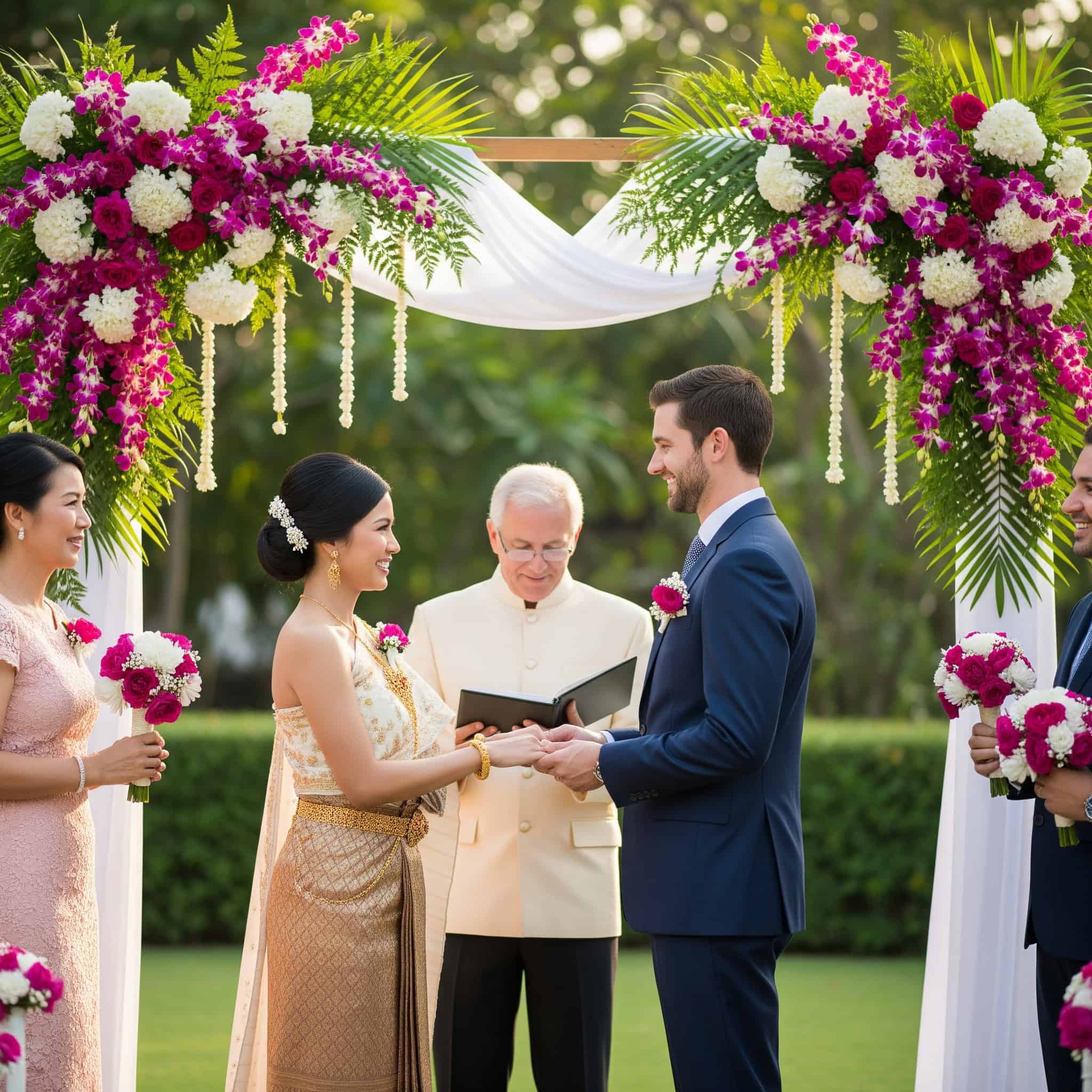 A couple, one Thai and one American, celebrating their marriage