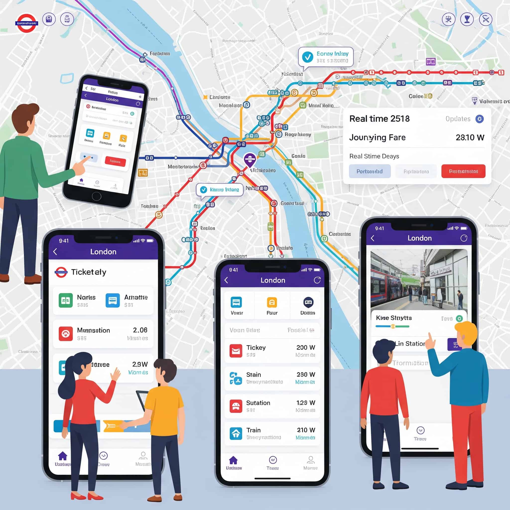Detailed illustration depicting a user interface of a public transportation navigation system in the UK.
