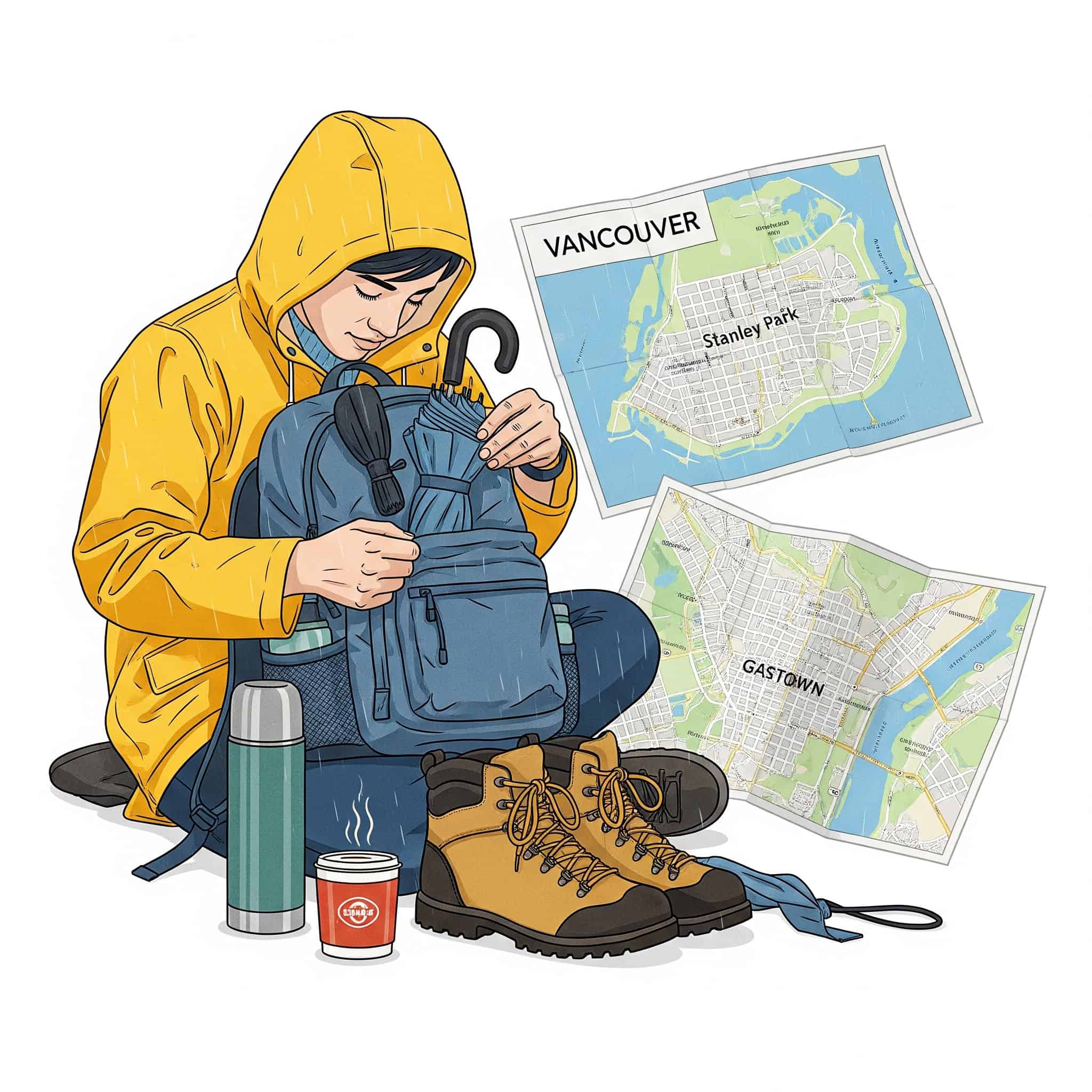 Illustration of preparing for Vancouver's rainy climate
