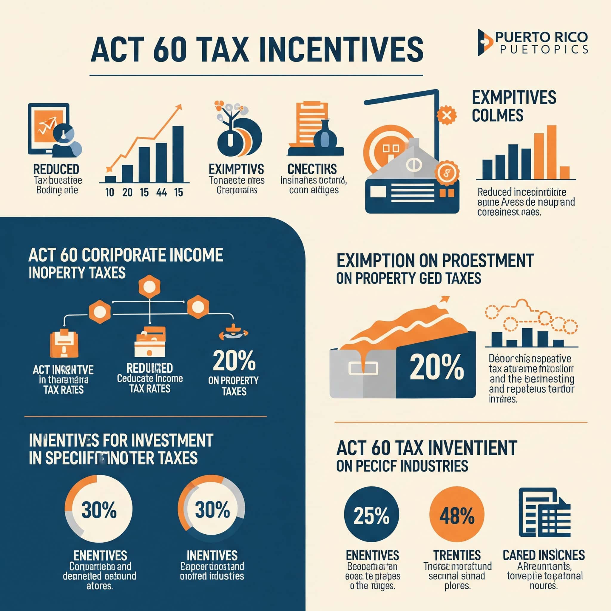 Infographic illustrating the Act 60 tax incentives in Puerto Rico.