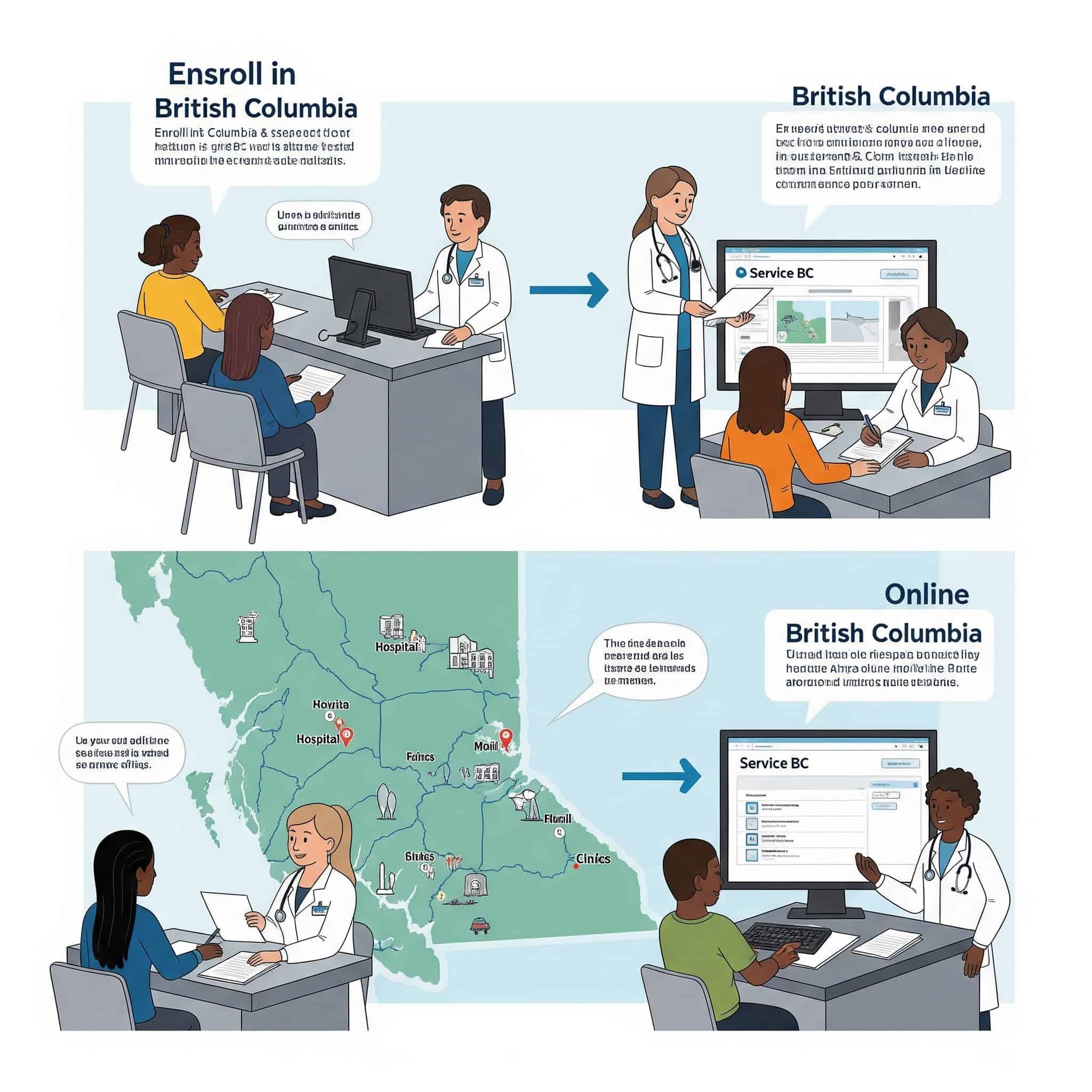 Illustration depicting the process of enrolling in British Columbia's healthcare system