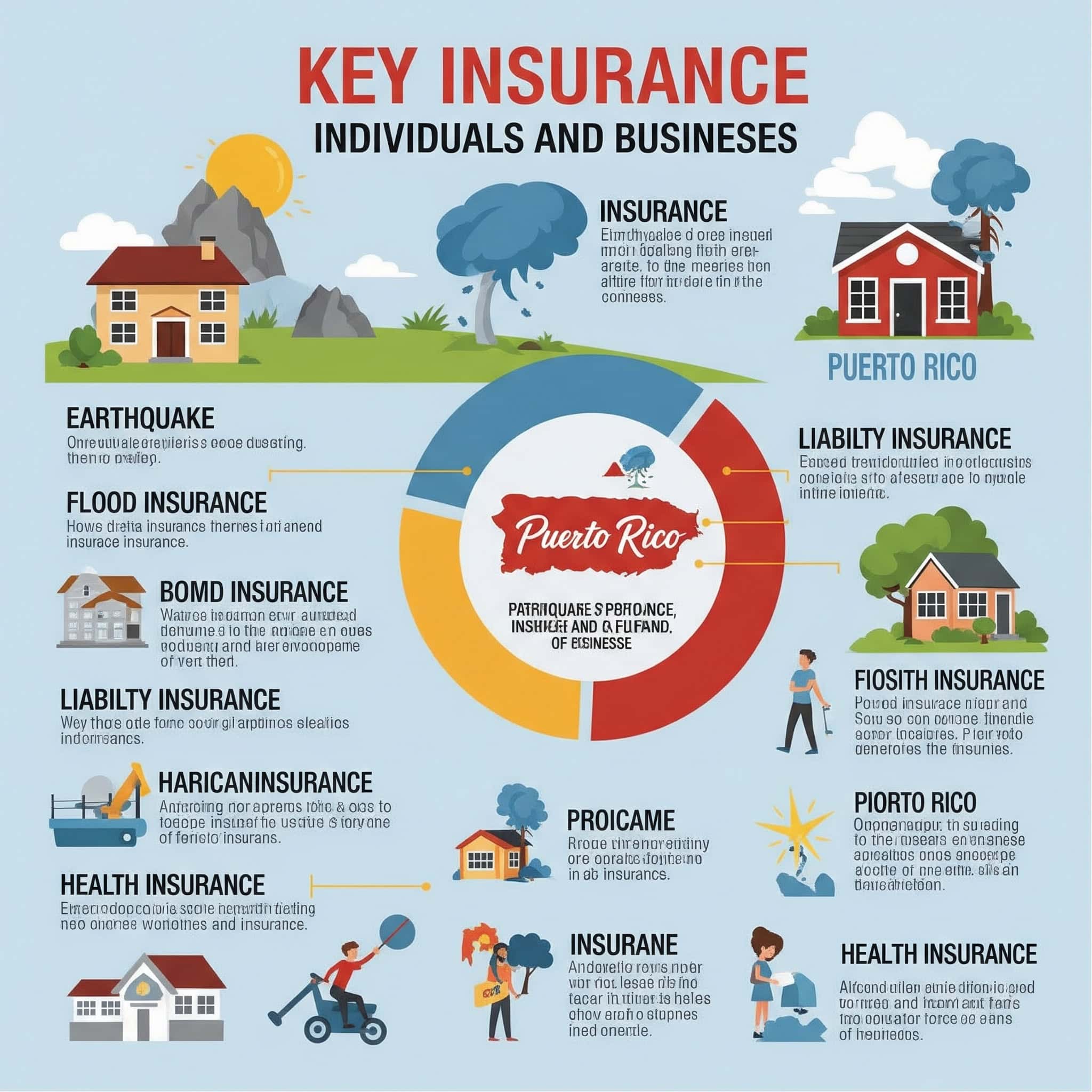 Infographic illustrating the key insurance considerations for individuals and businesses in Puerto Rico.