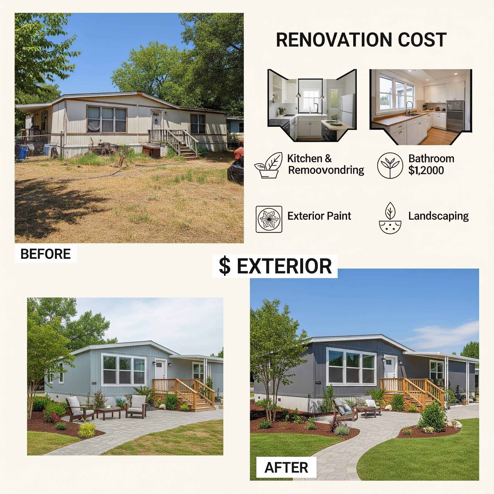 beautifully renovated mobile home with a landscaped yard