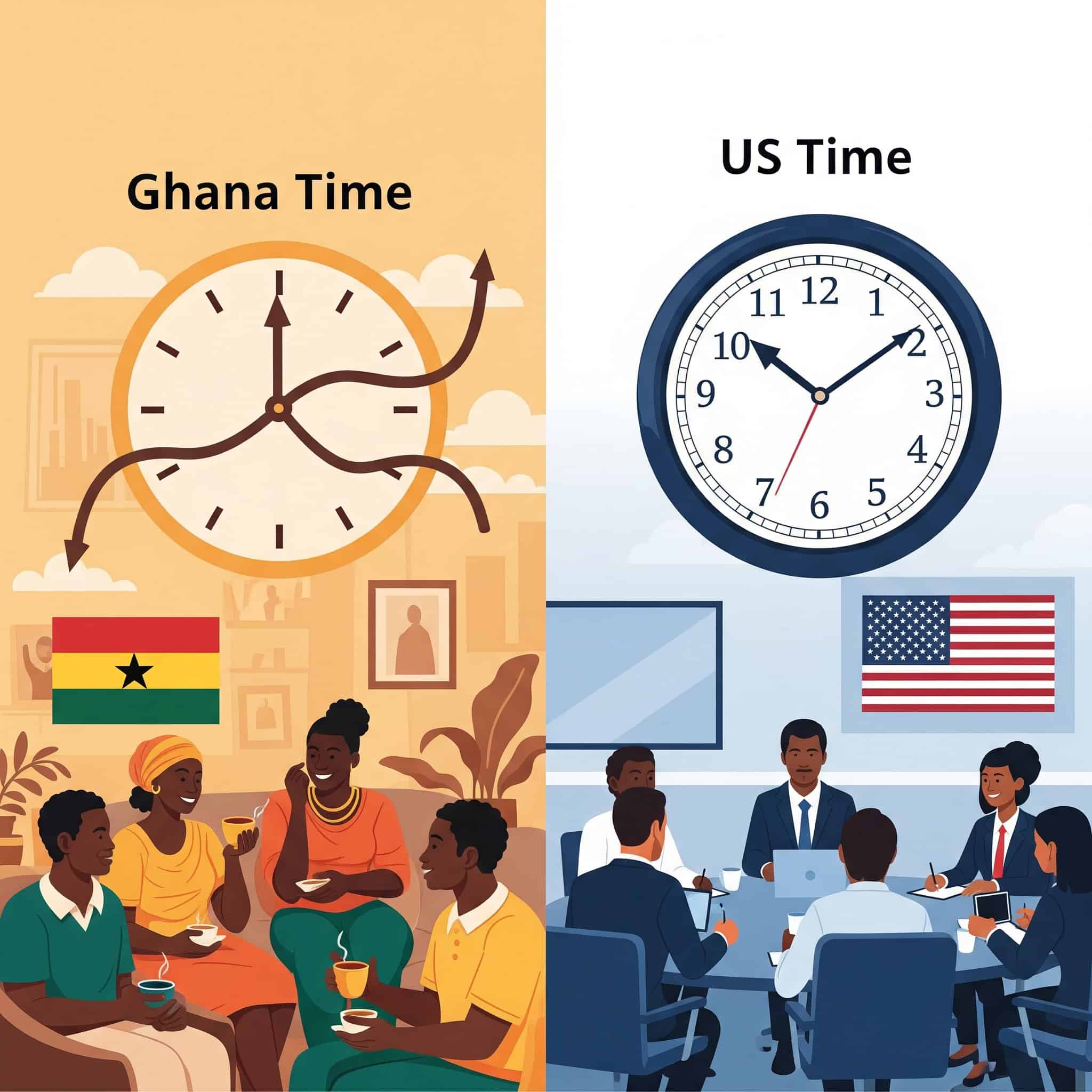 Ghana Time" as flexible contrasted with "US Time" and strict punctuality