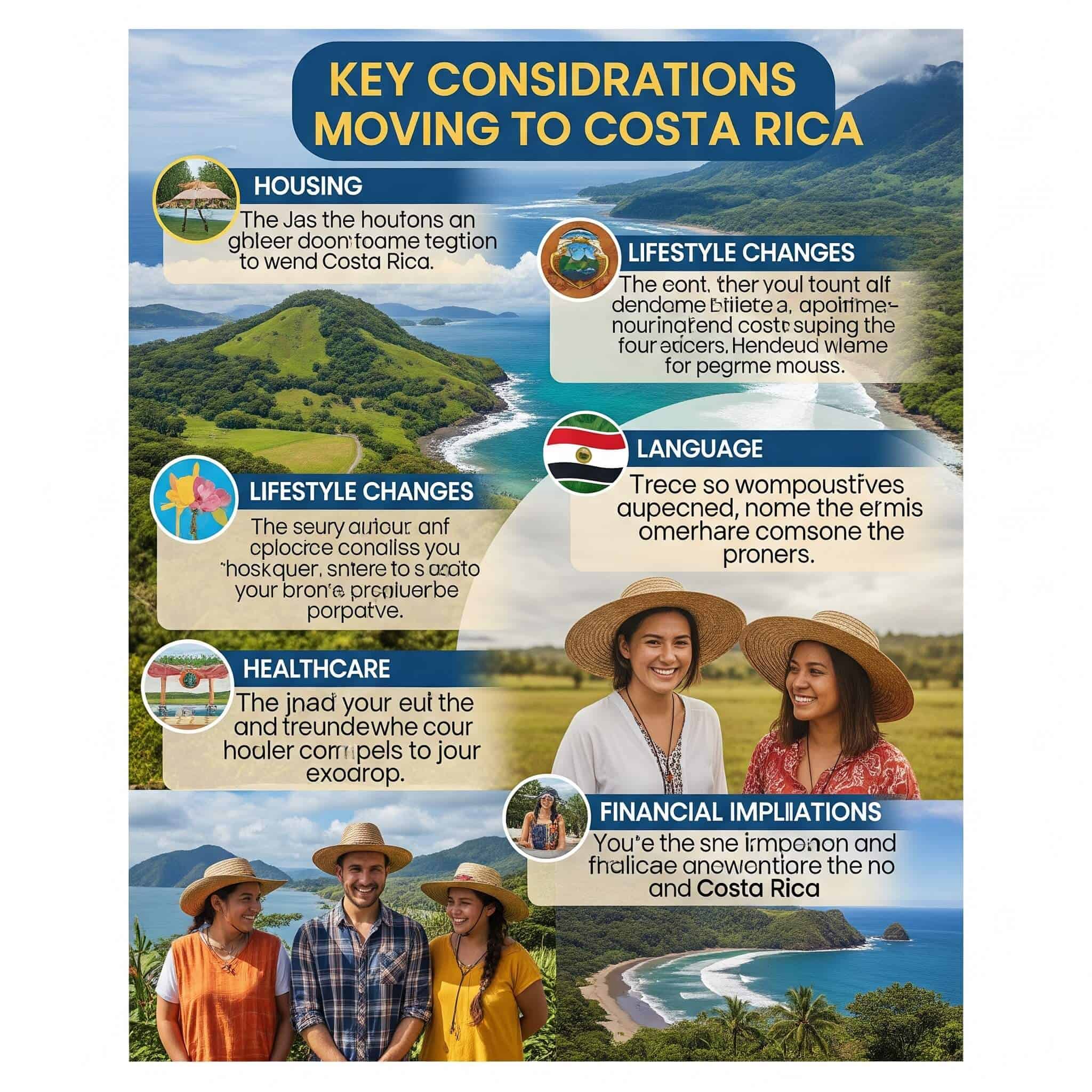 Poster design showcasing key considerations when moving to Costa Rica
