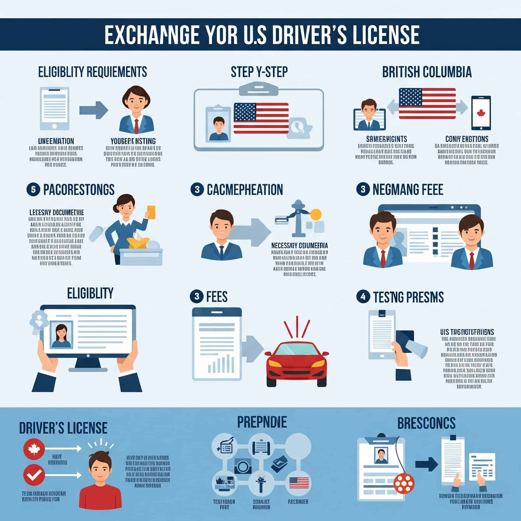 Infographic showing the process of converting a US driver's license to a BC license