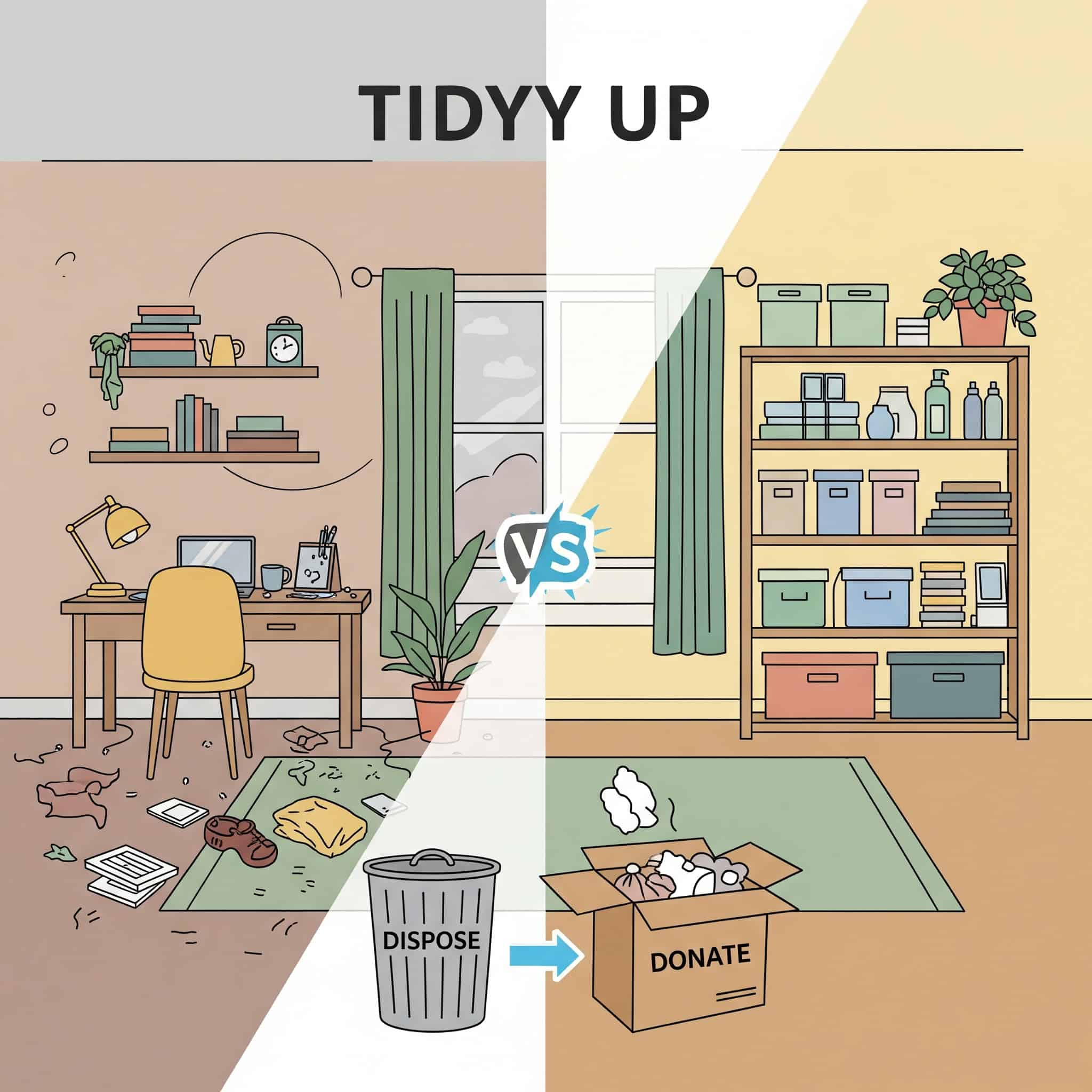 A clean, organized room or home interior, with a 'before' and 'after' element, or a graphic representing items being sorted and removed (e.g., a 'donate' box, a 'dispose' bin)