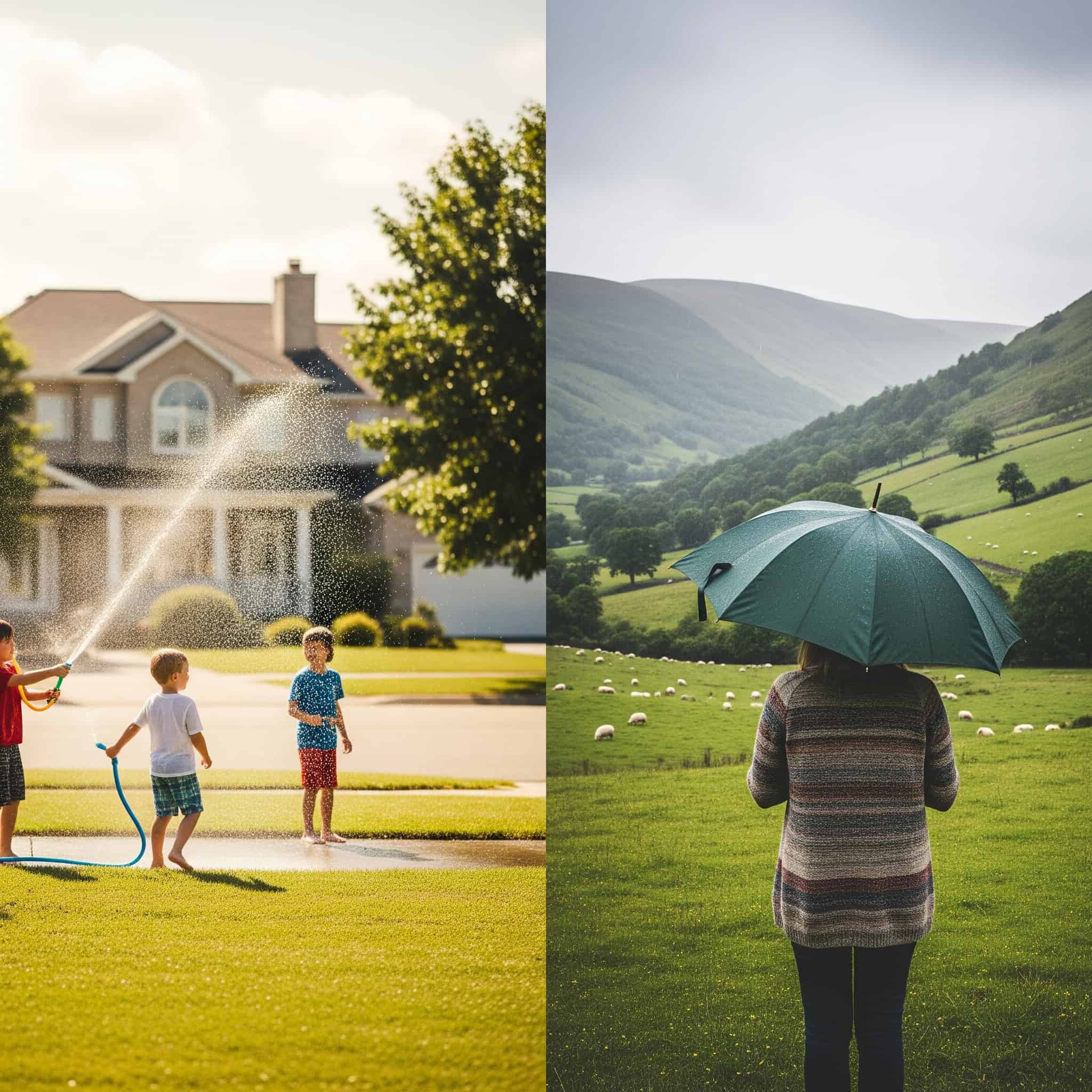 A split image showing a typical sunny US summer day on one side and a rainy, perhaps slightly overcast, Welsh landscape on the other, or a person holding an umbrella in a scenic Welsh settin