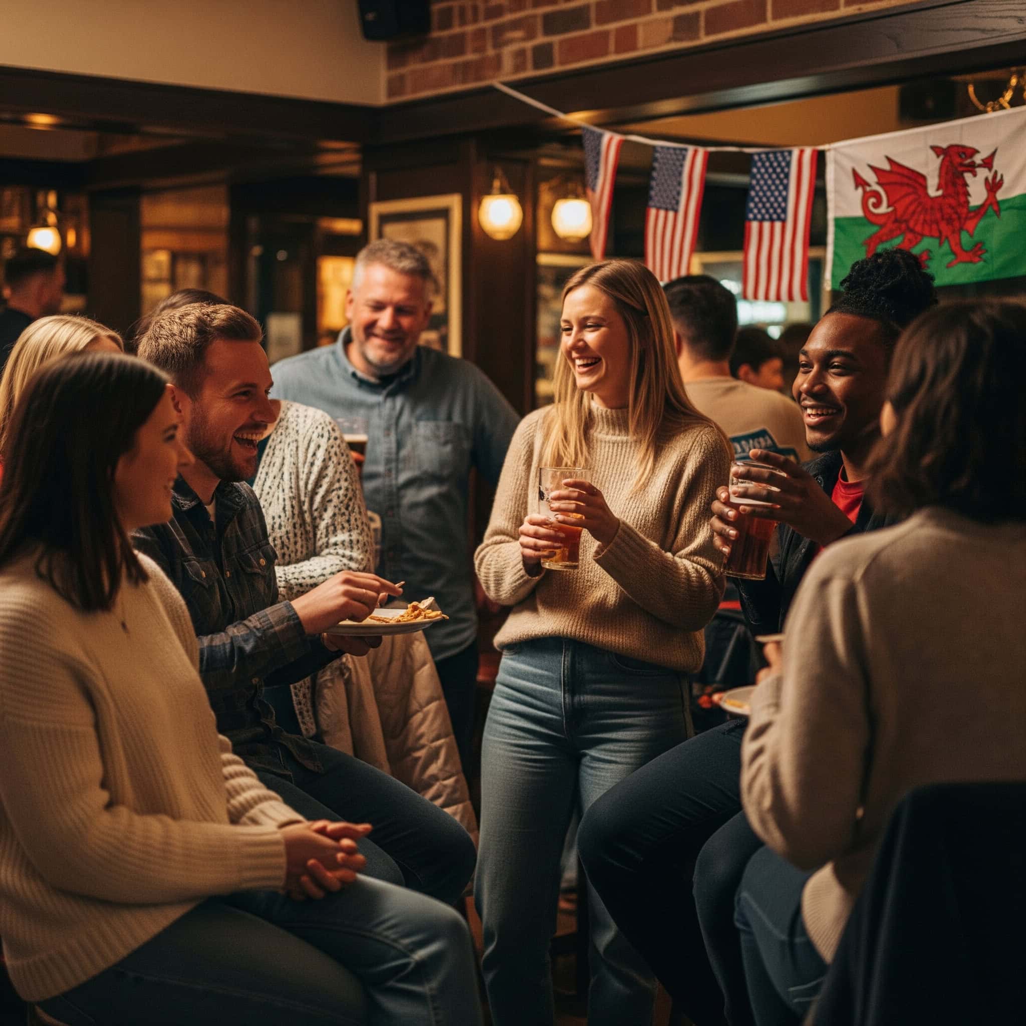 A cheerful image of diverse people (some possibly American-looking, some Welsh) socializing in a pub or at a community event, suggesting connection and camaraderie