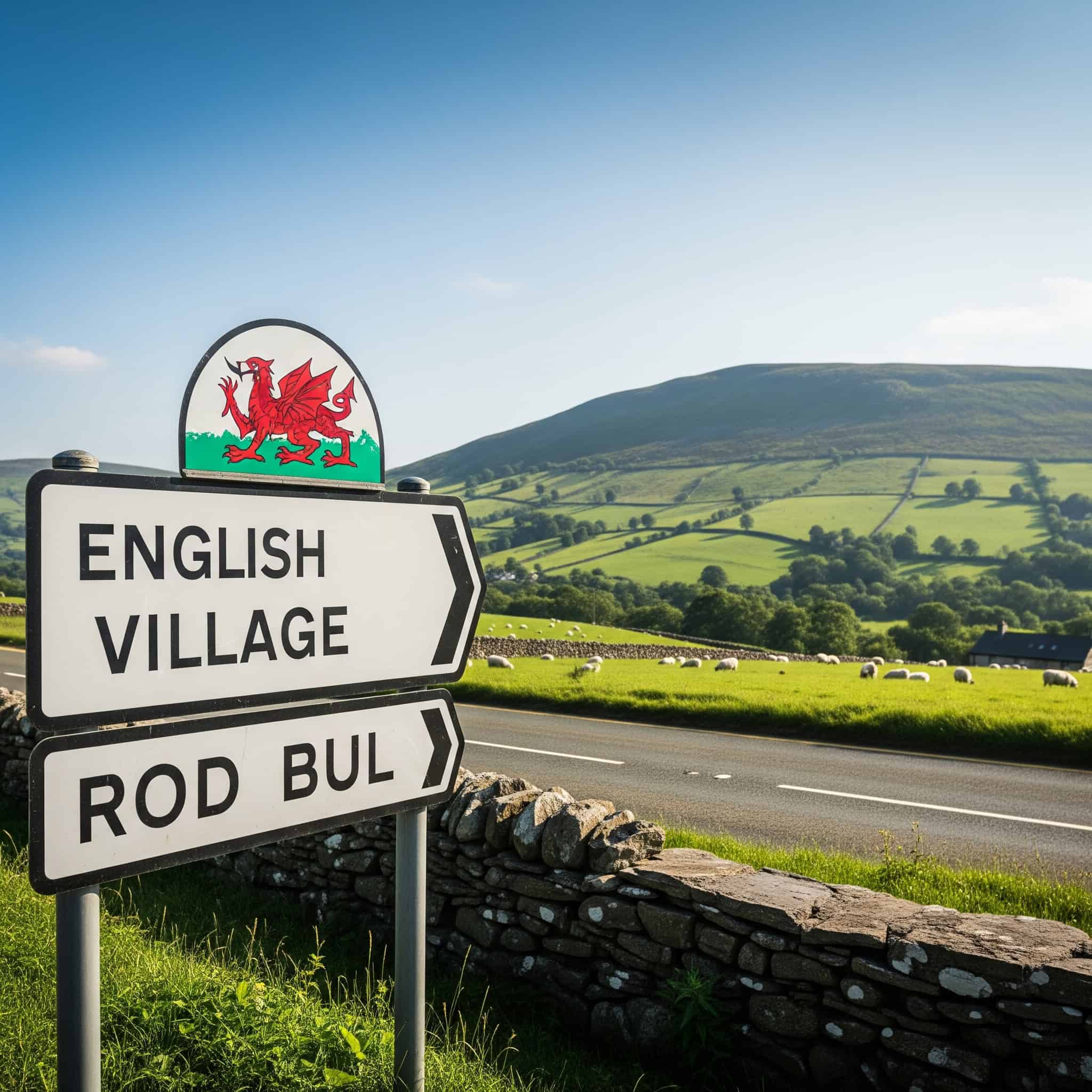 A road sign that is bilingual (English and Welsh), perhaps with a scenic Welsh landscape in the background