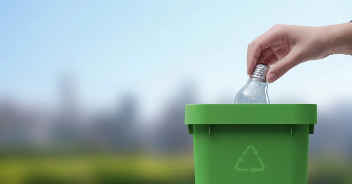 A hand tossing a bulb in a green basket with the recycling sign.