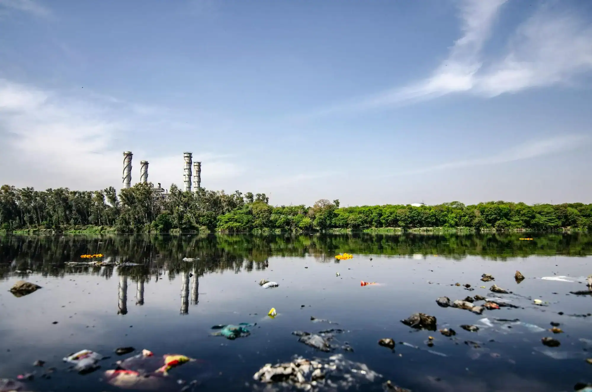 Garbage on a body of water, possibly containing old pills amongst the pollution.