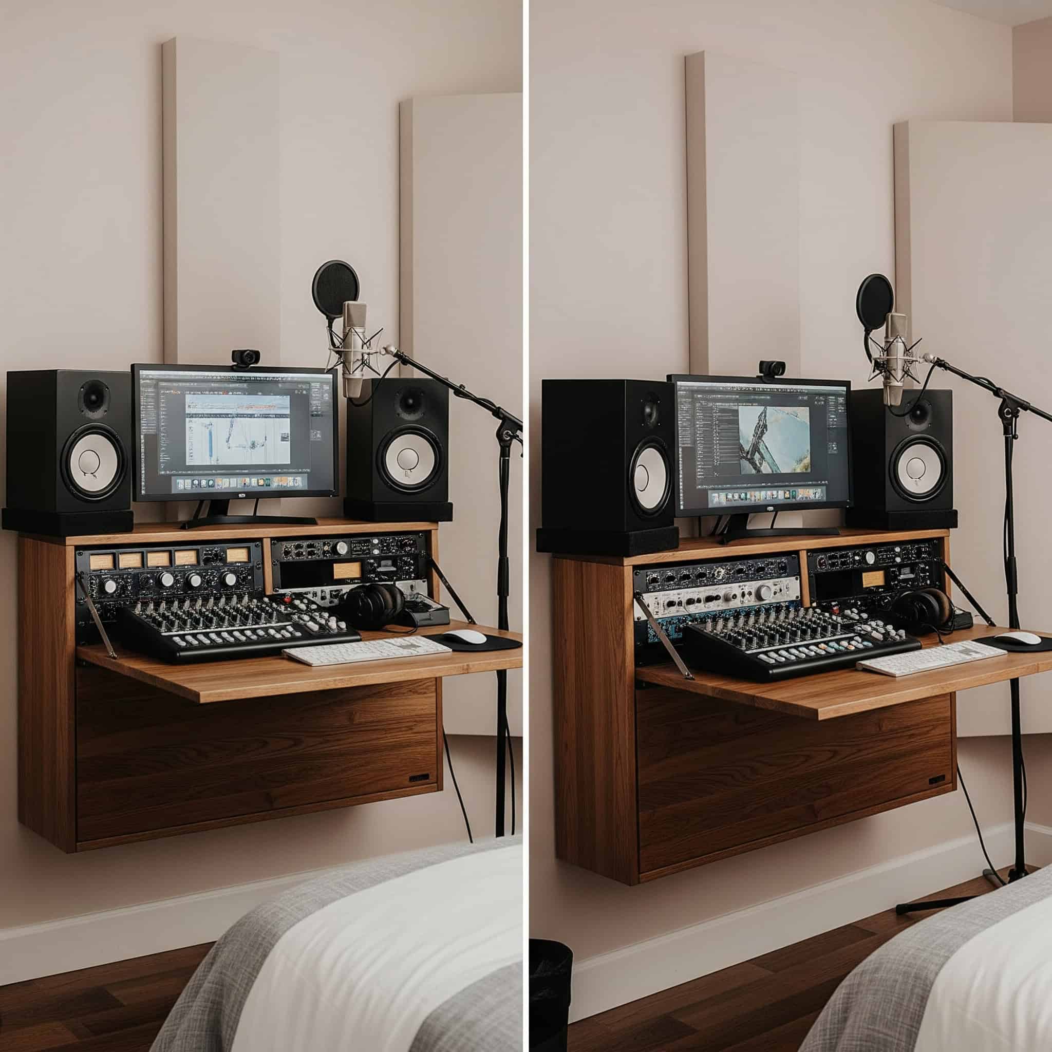 Wall-mounted folding desks in a bedroom recording studio.