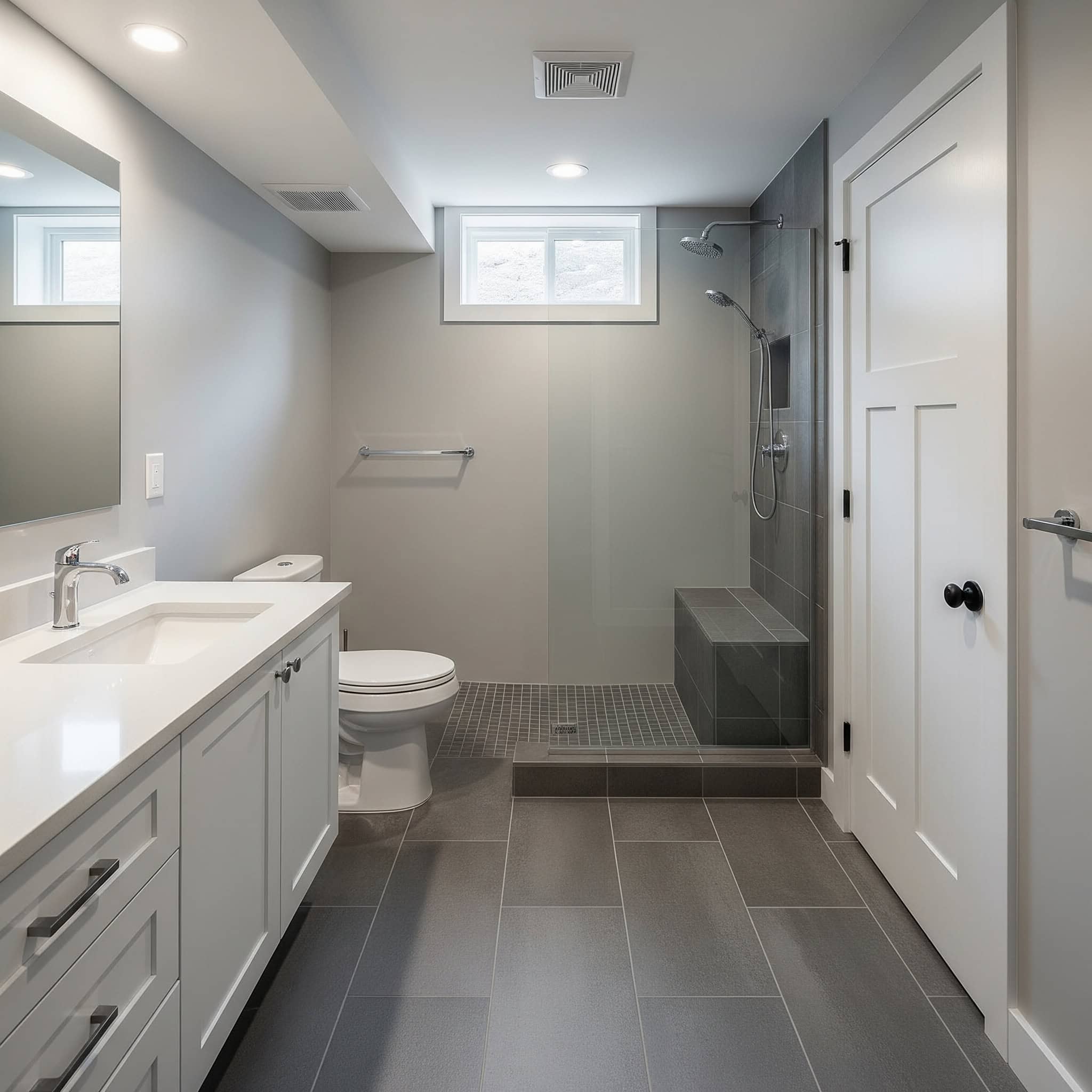 Mold-resistant materials in a basement bathroom.