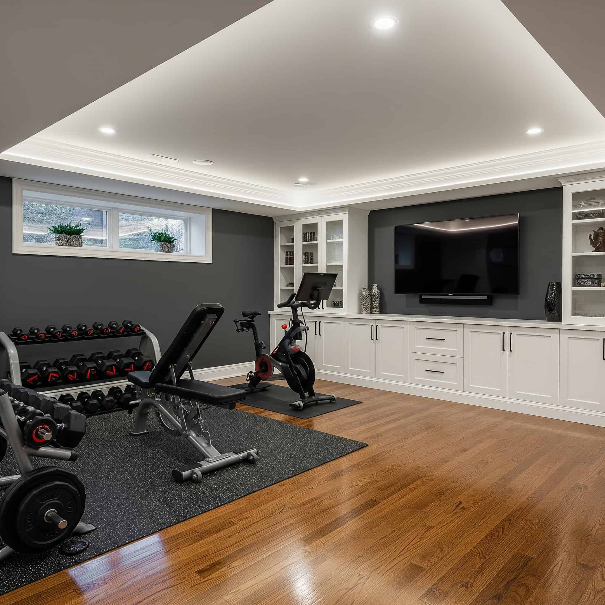 High-quality, professional image showcasing a finished basement gym.