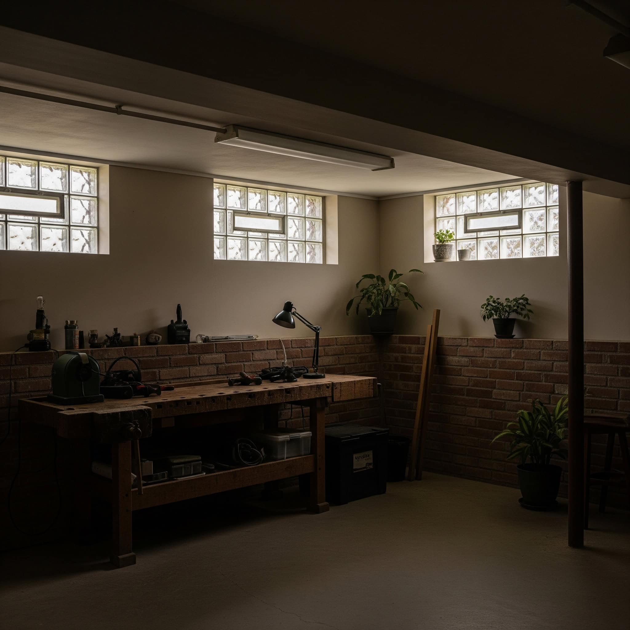 Dimly lit basement with glass block windows