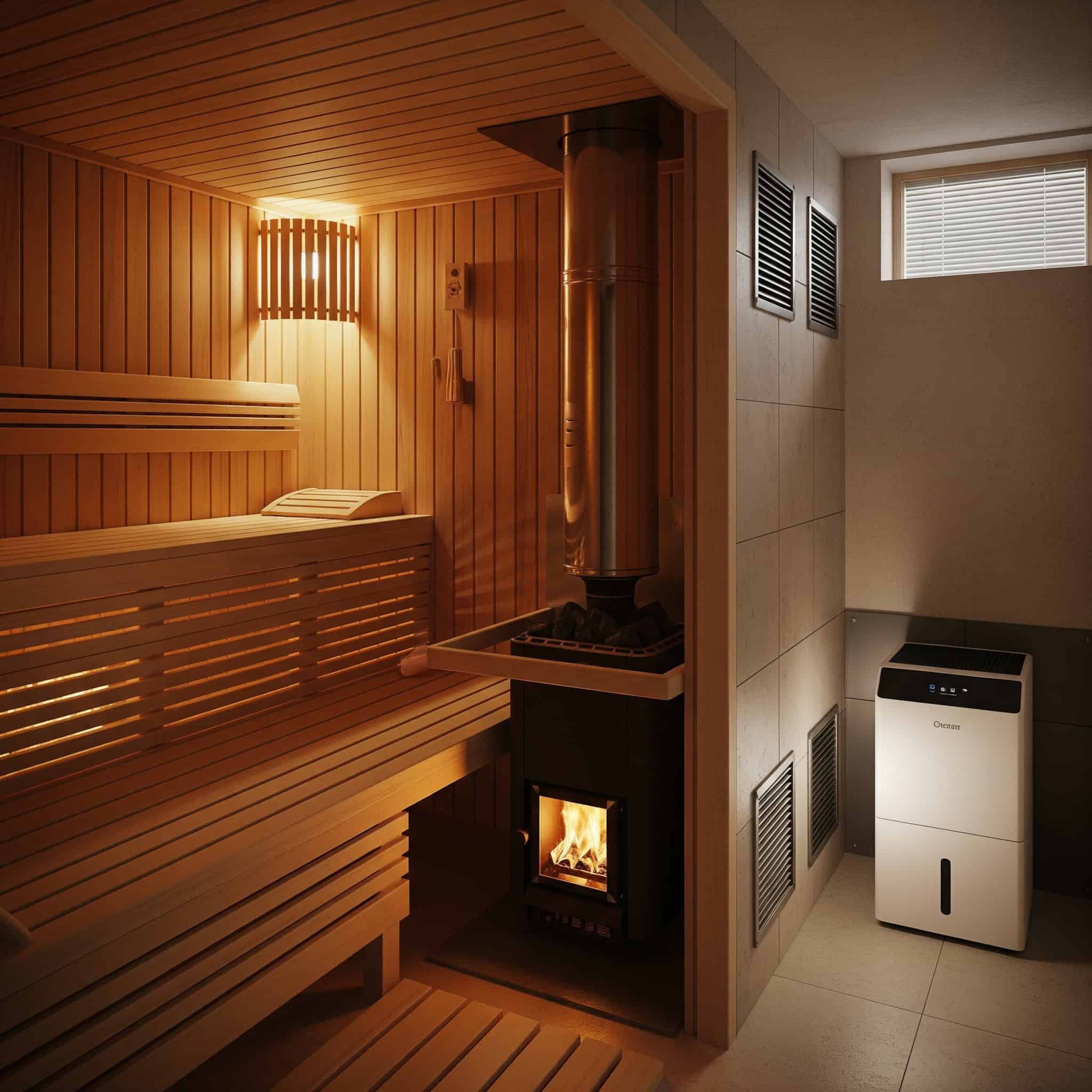 A basement sauna with a dehumidification system installed in the surrounding area, showing the dehumidifier unit and its integration with the sauna environment.