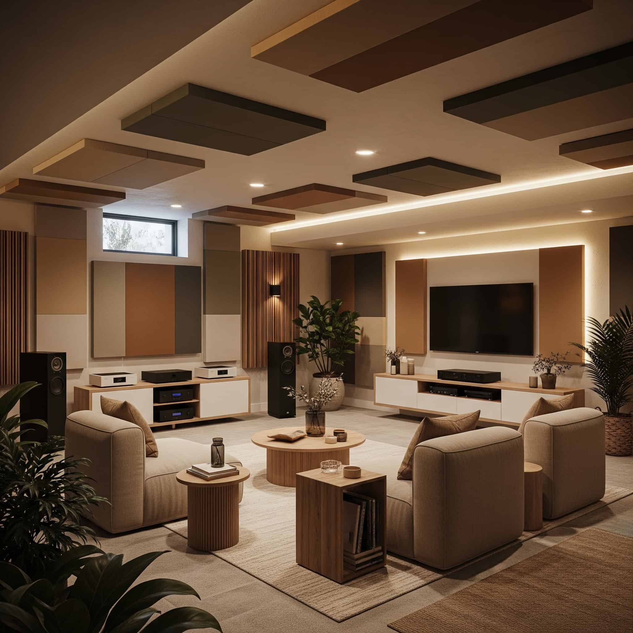 A modern 2025 basement with sound-absorbing acoustic panels