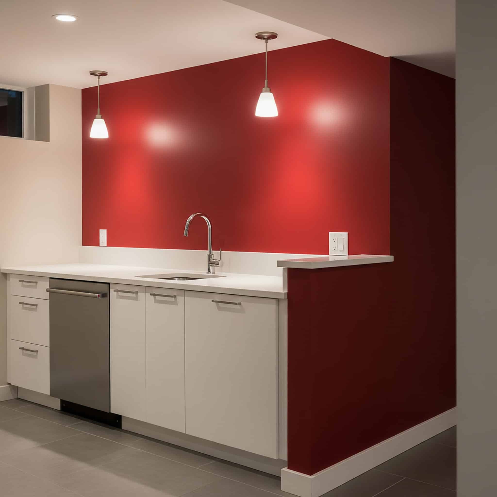 Bold accent wall in a basement kitchenette.