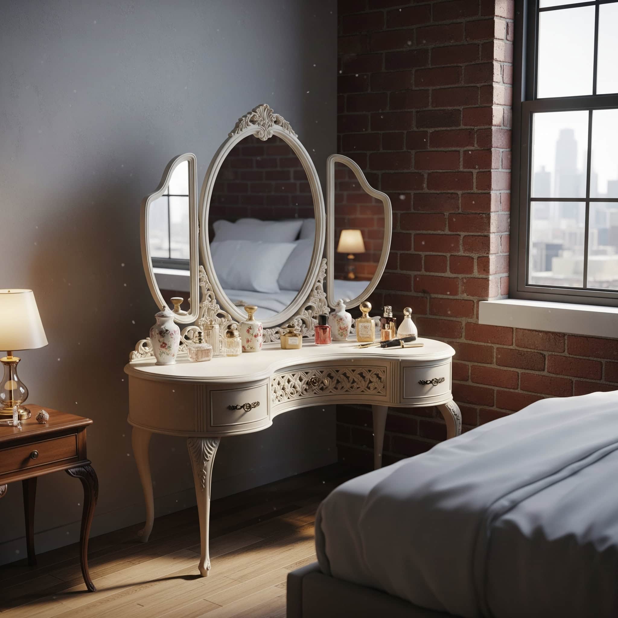 Urban bedroom with an antique kidney-shaped vanity, tri-fold mirror, and delicate legs.