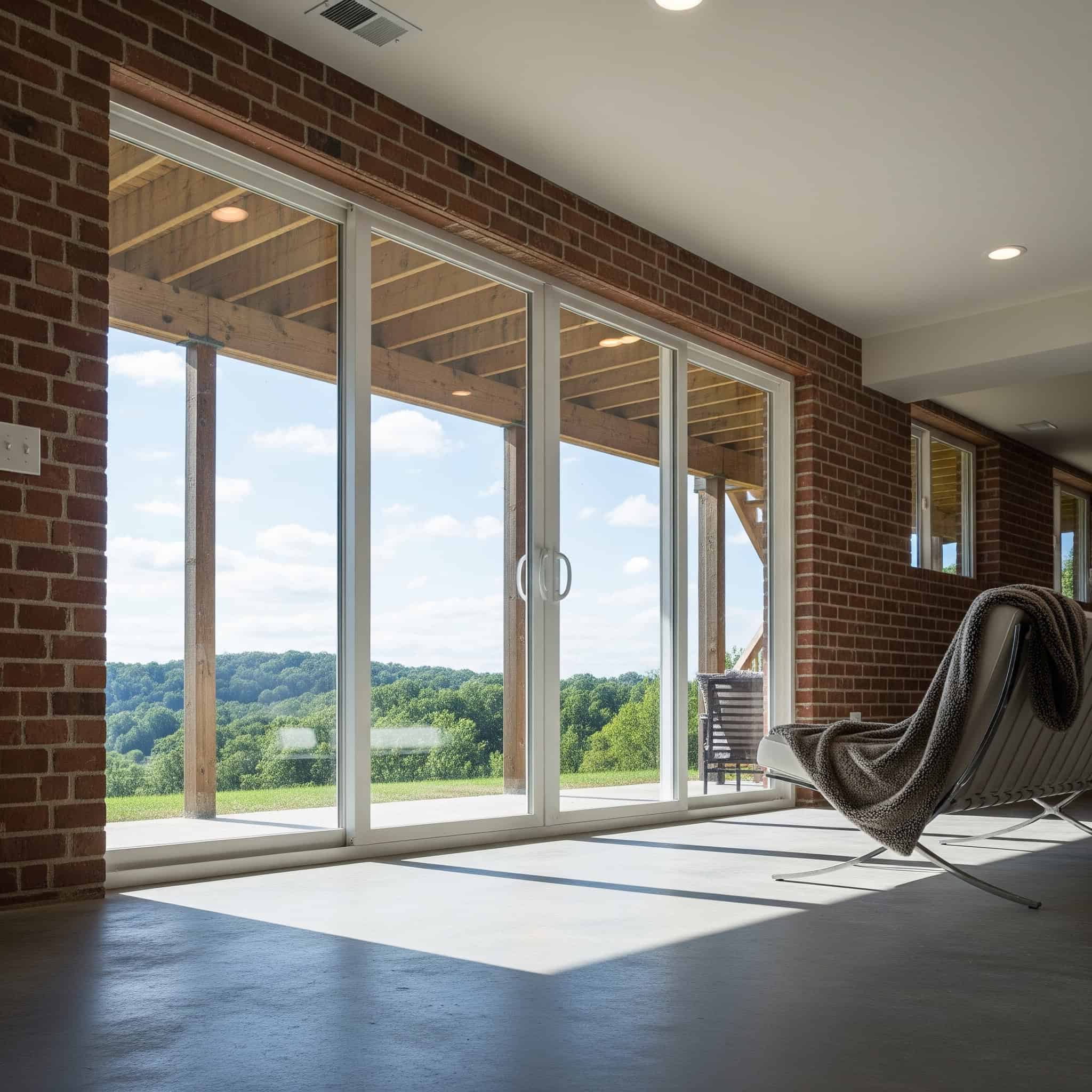 Basement with sliding glass doors and a panoramic view