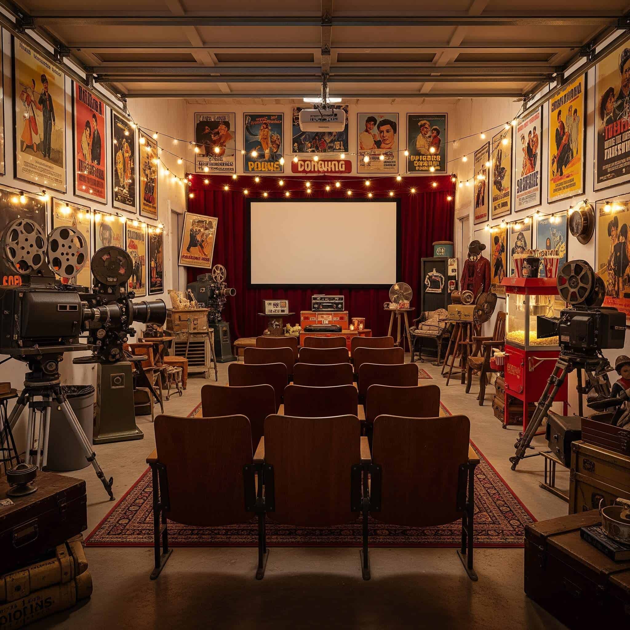 Vintage cinema memorabilia in a garage home theater.