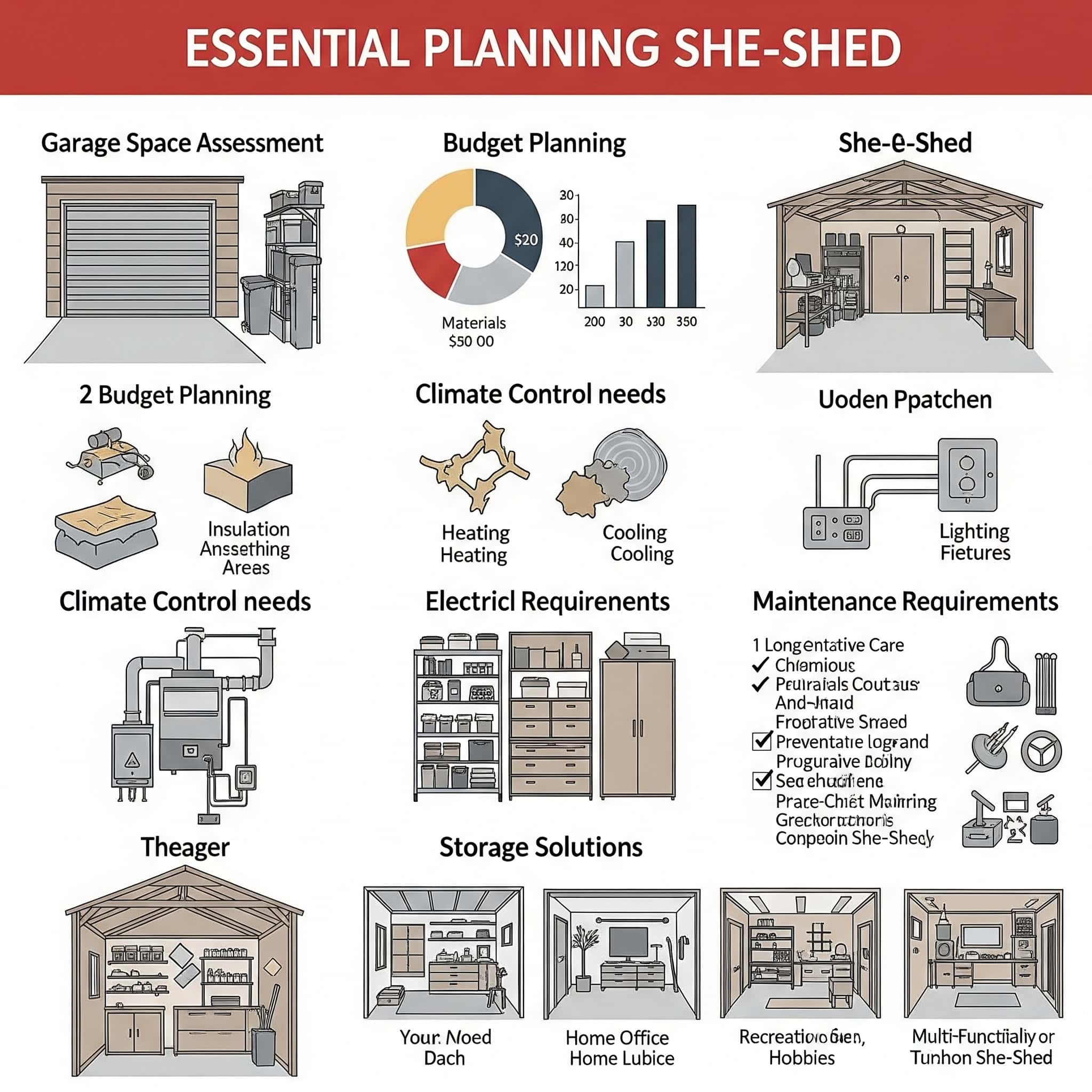 Essential Planning Steps for Your Garage She Shed Project, space assessment, budget planning, climate control needs, electrical requirements, storage solutions, multi-functionality potential, and maintenance requirements.