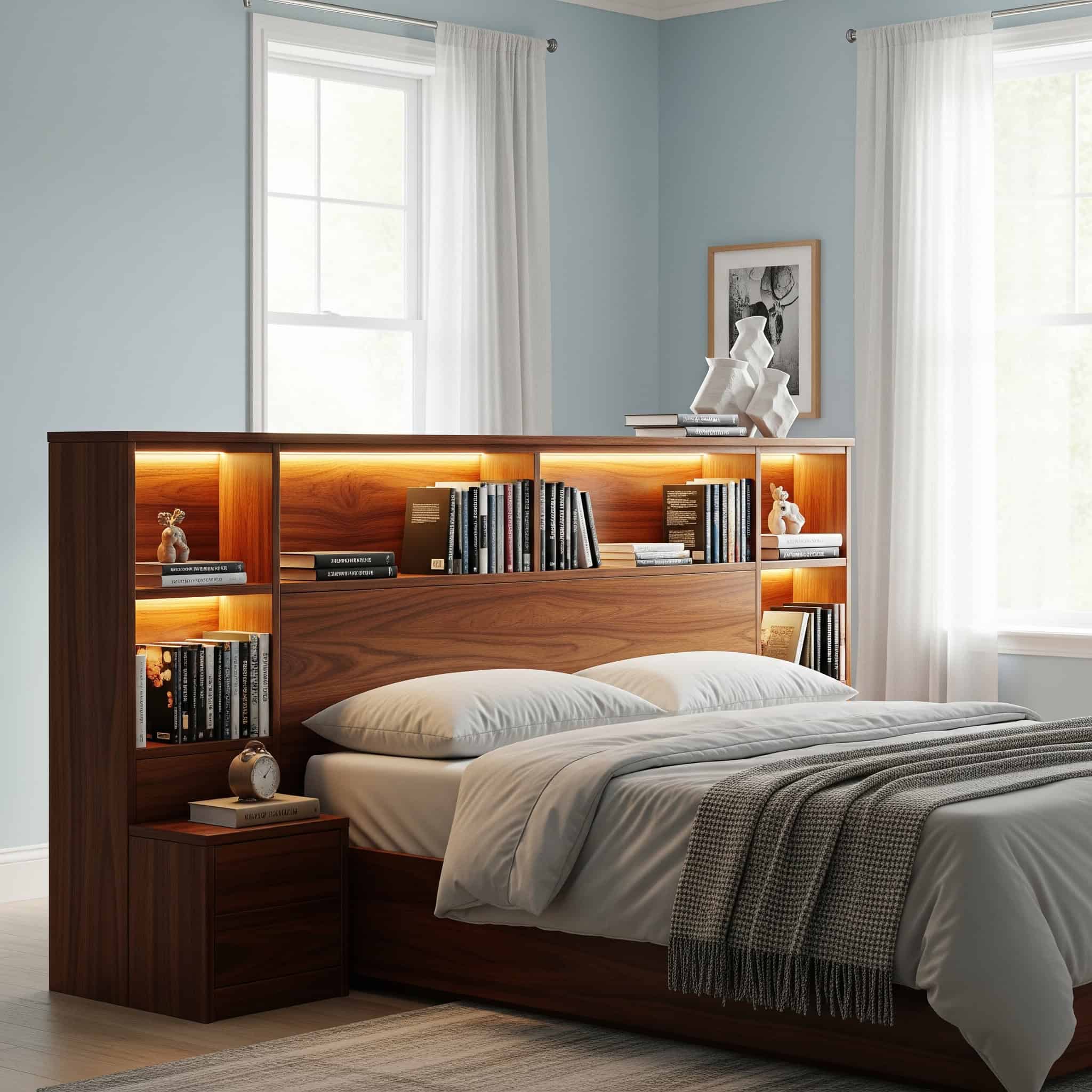 A contemporary bedroom featuring a dark wood headboard with integrated bookshelves and LED lighting, illuminated by soft natural sunlight.