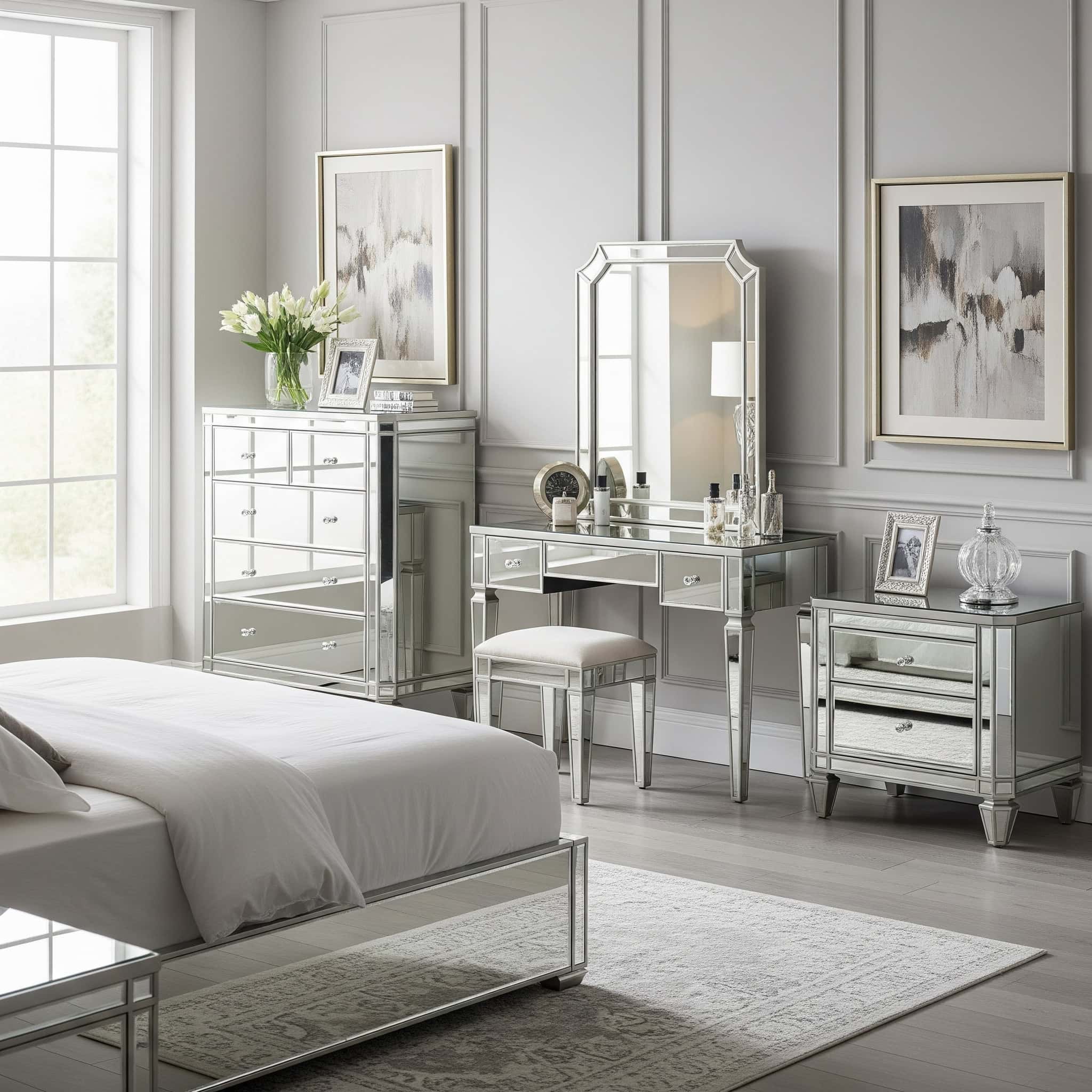 Bedroom with a mirrored furniture grouping.