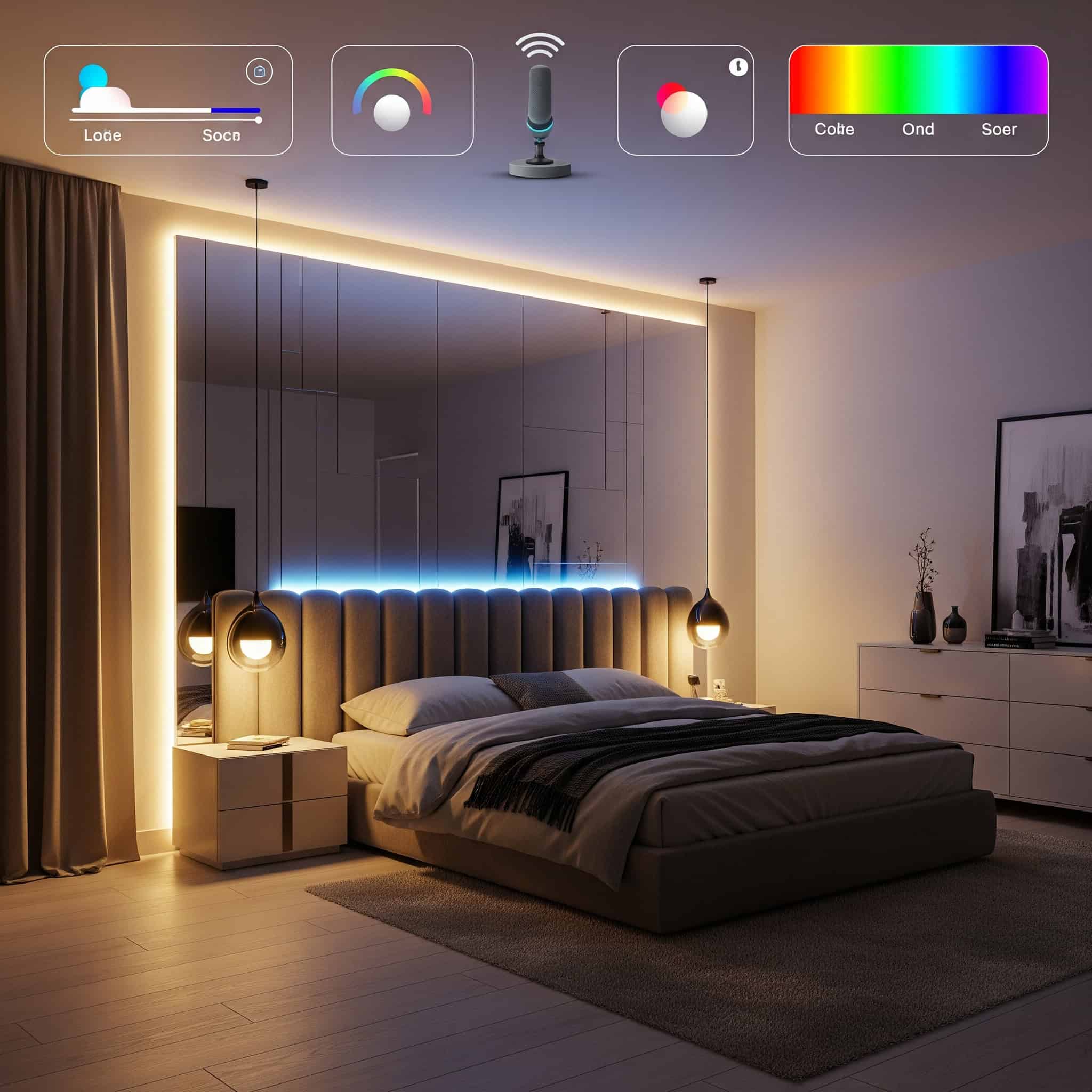 Urban bedroom with smart lighting systems, programmable LEDs, circadian rhythm settings, and voice control.