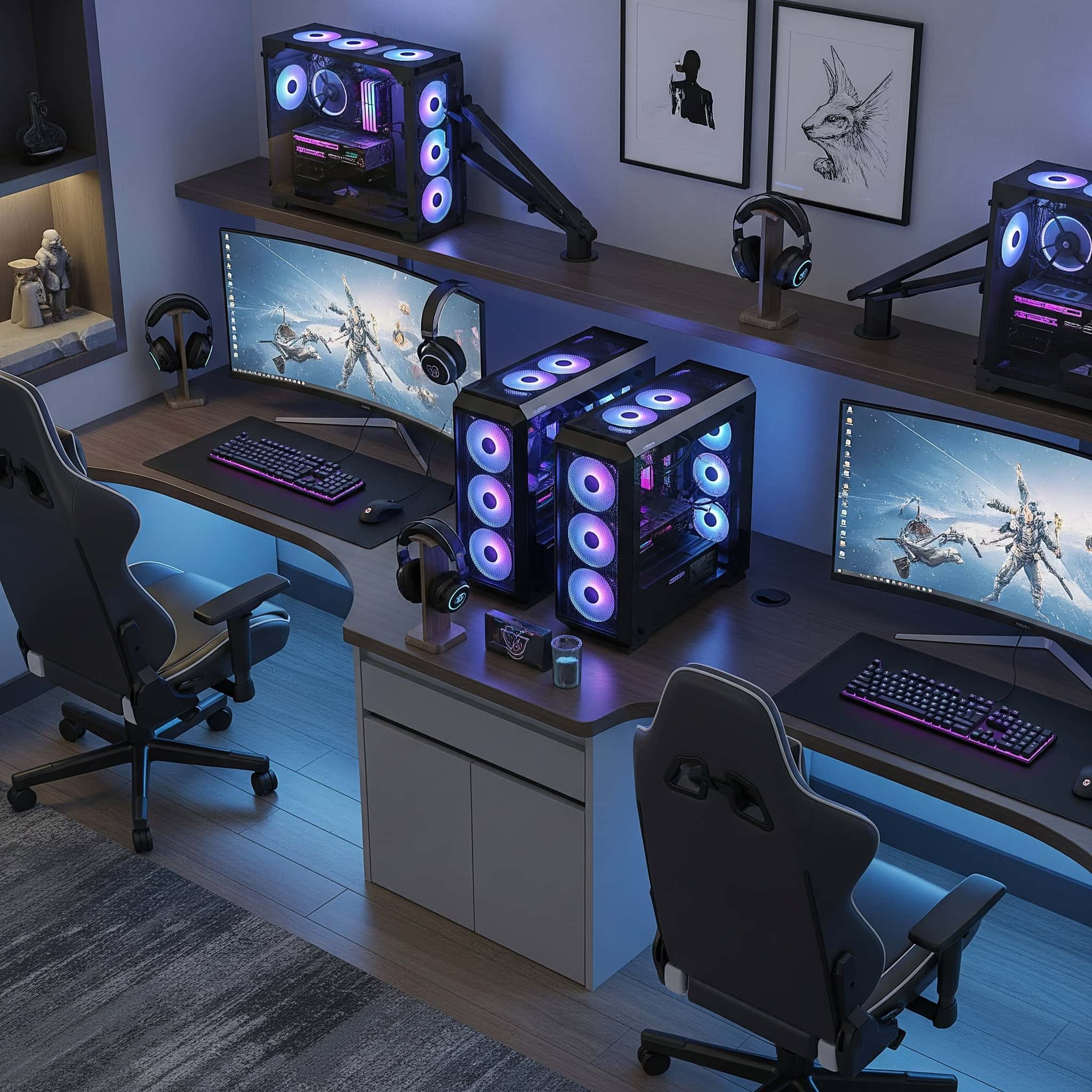A modern home office featuring custom-built-in desks with sleek, ergonomic gaming chairs and high-end gaming PCs with vibrant RGB lighting.