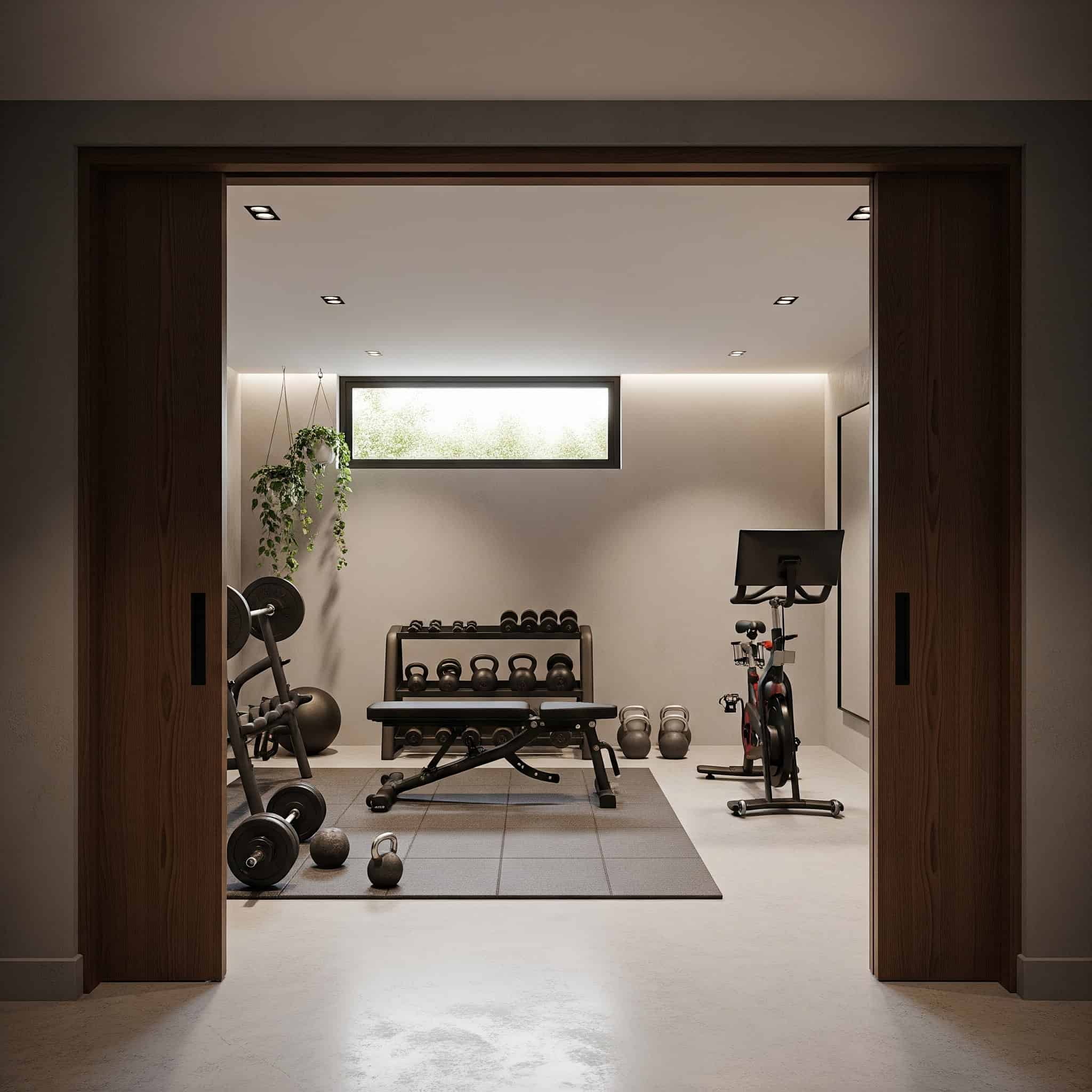 Hidden basement gym concealed behind sleek, modern sliding doors