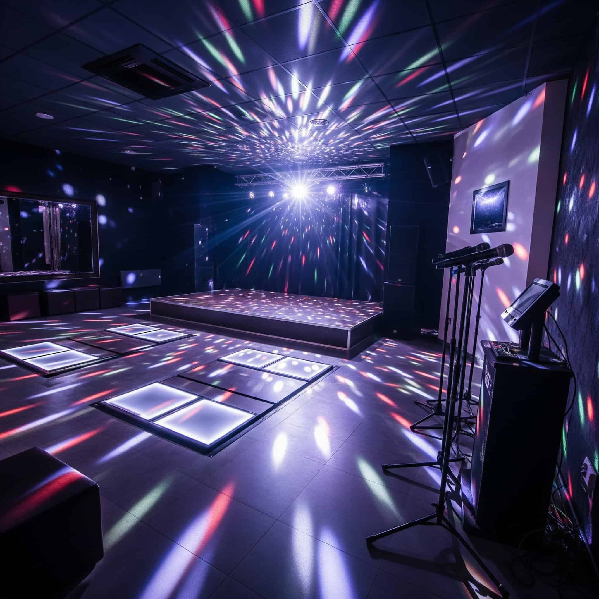  A vibrant open area featuring multiple dance pads illuminated by a mesmerizing array of disco lights.