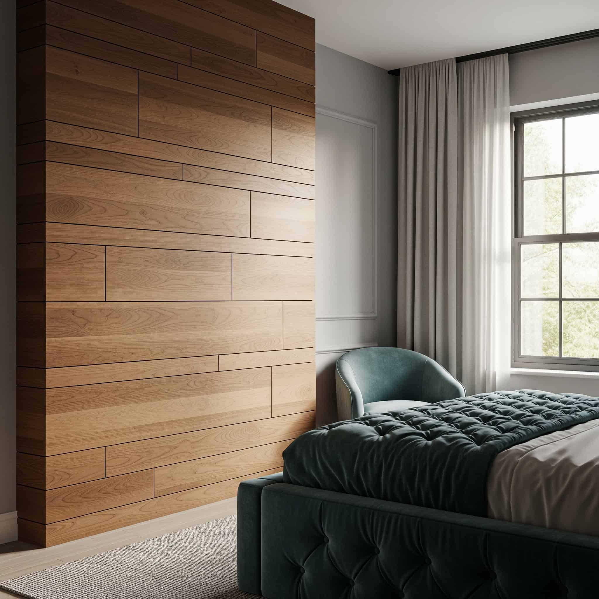 Bedroom with a rustic wood grain accent wall.
