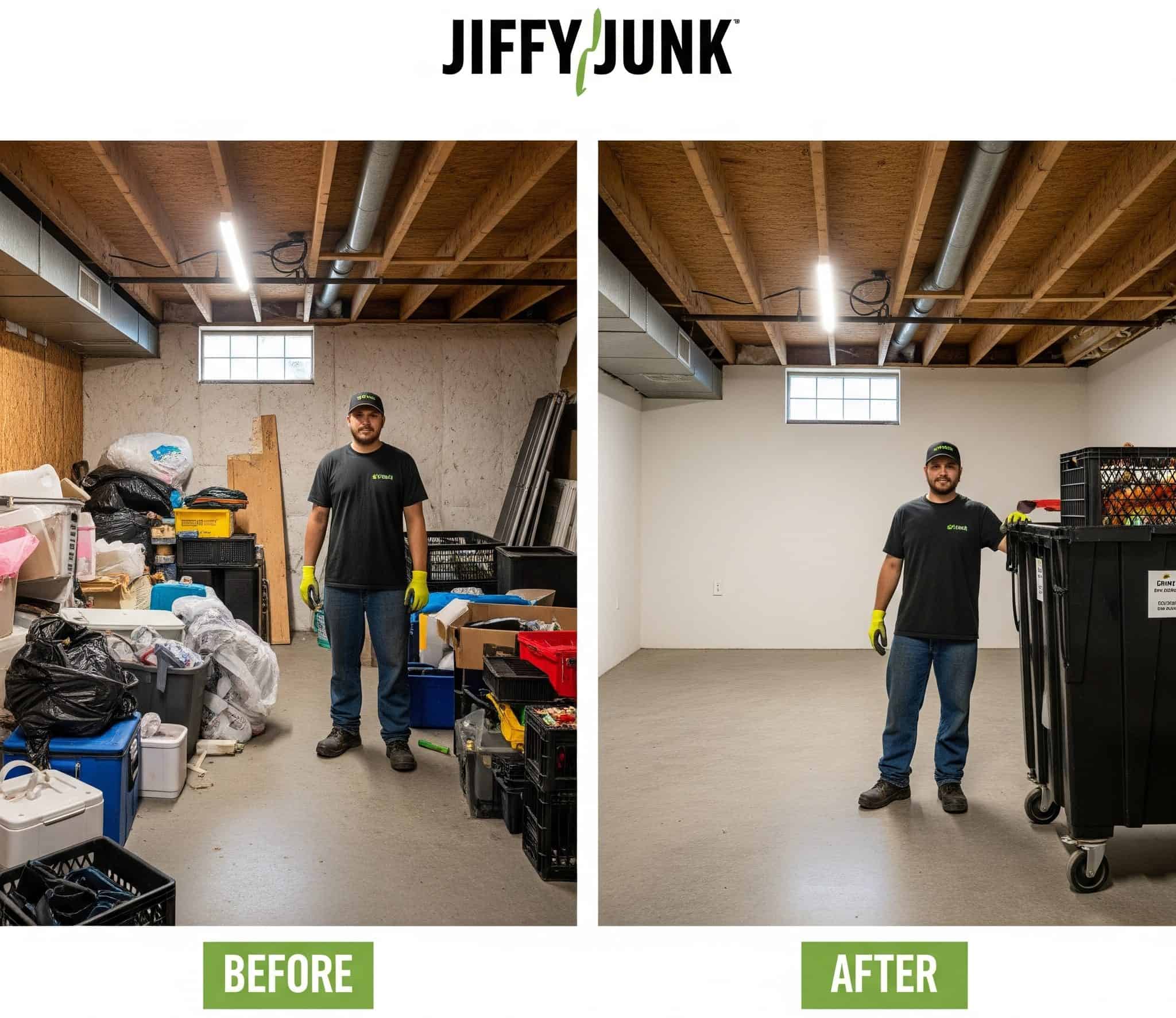 Jiffy Junk provides professional cleanout services that prepare your basement for transformation while handling disposal responsibly through recycling and donation programs.