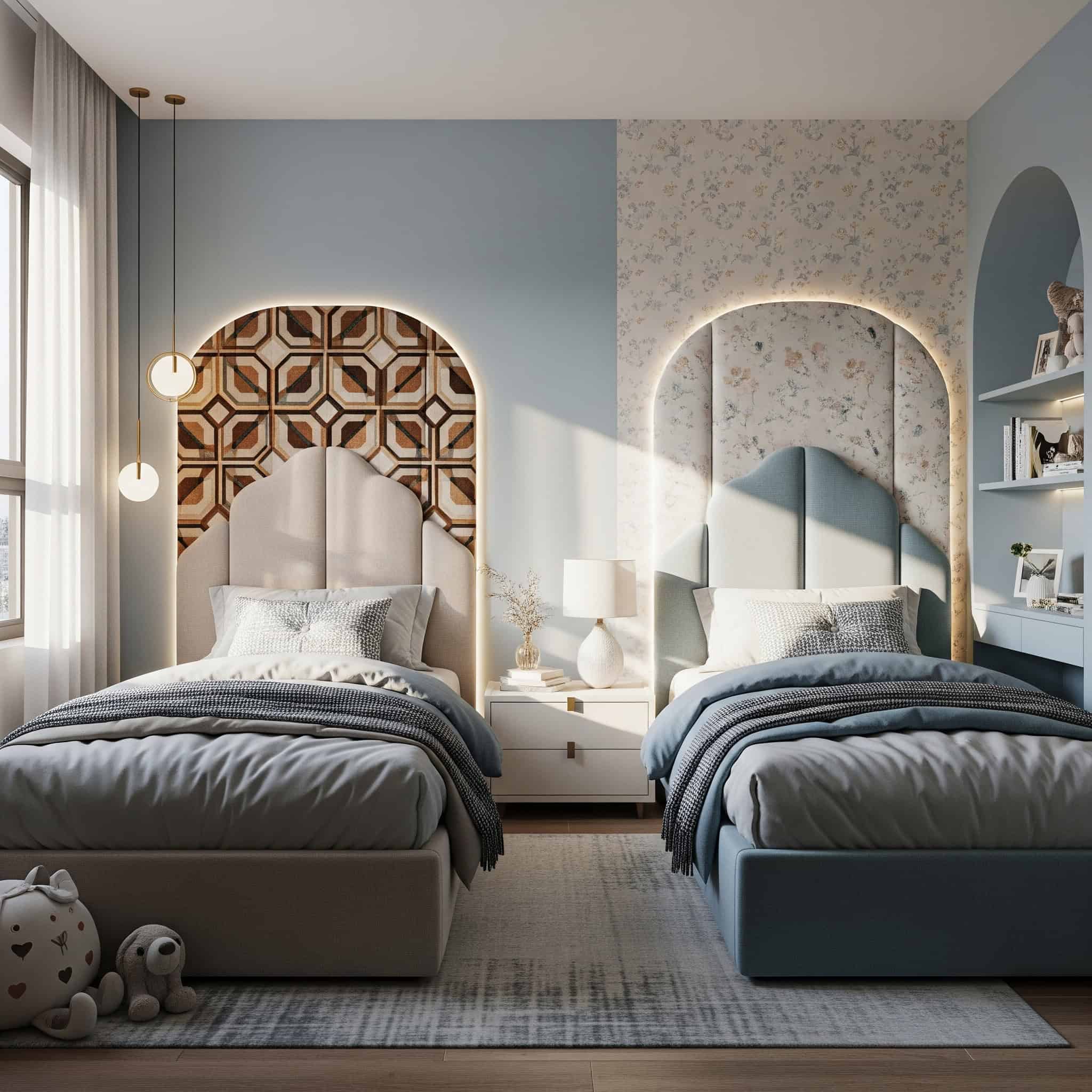 Personalized headboard wall features in shared bedroom