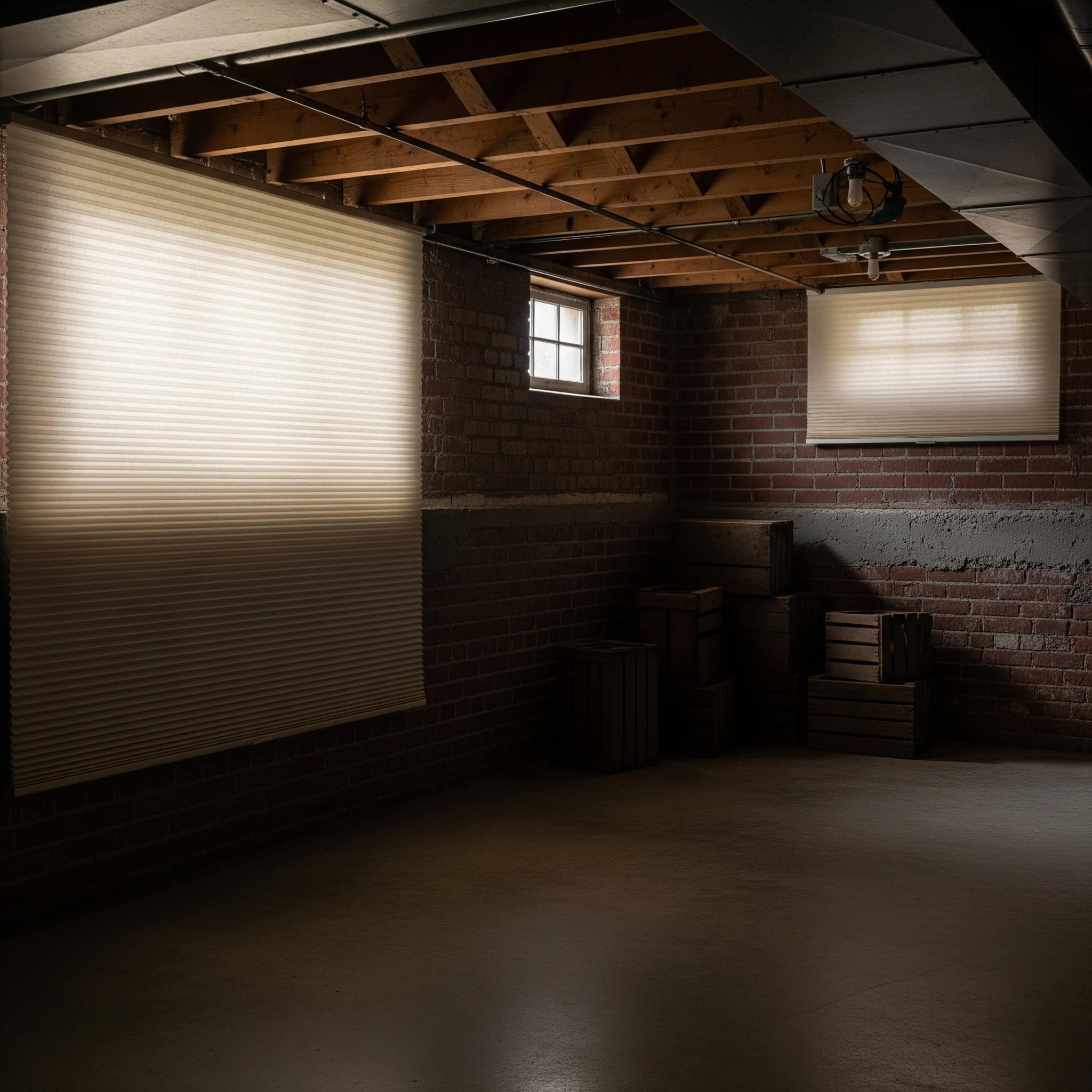 Basement with cellular shades providing diffused light