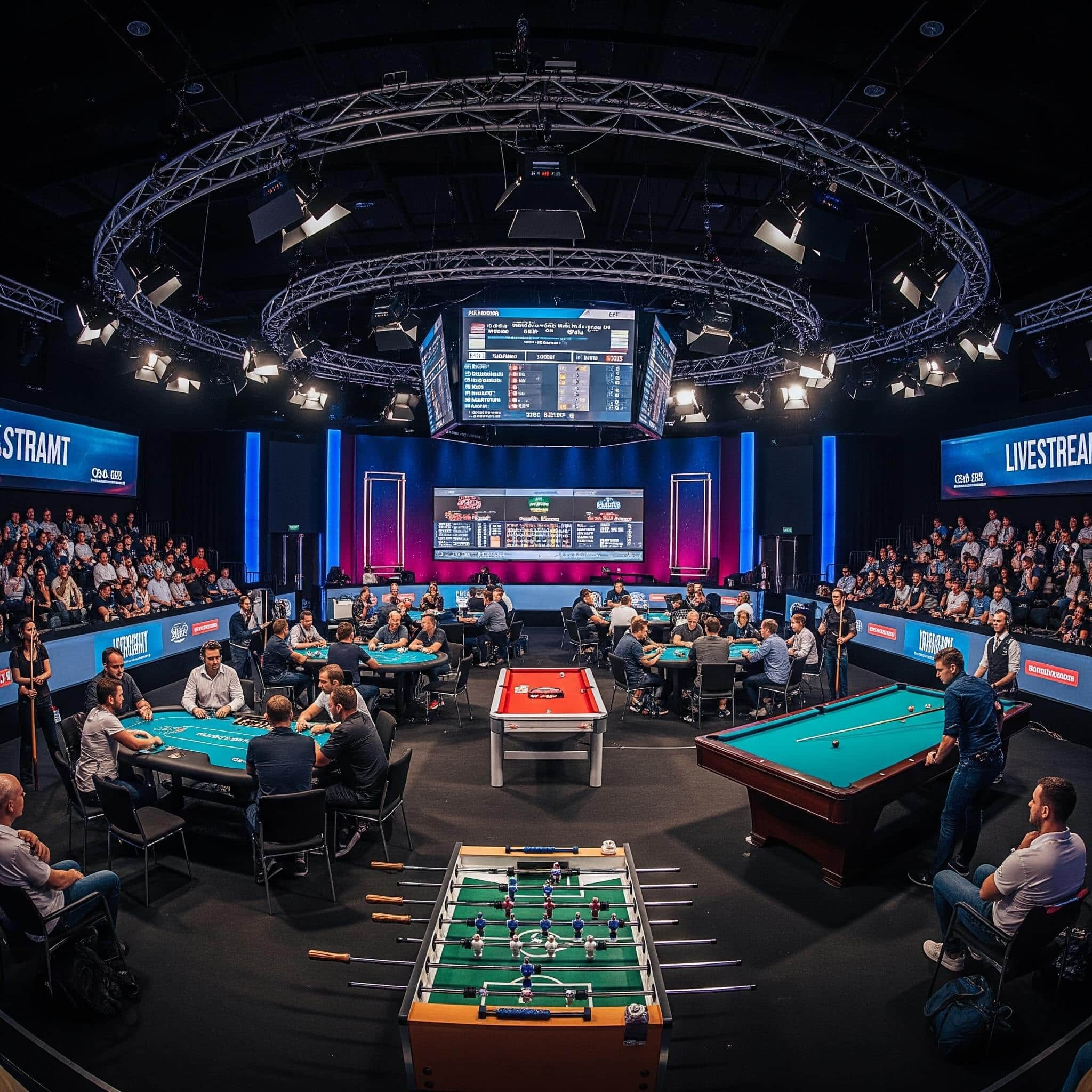 A bustling tournament space, featuring multiple game tables—a poker table with players in mid-action, a sleek billiards table with a cue poised, and a vibrant foosball table with players focused on the game—all arranged around a prominent central scoreboard.