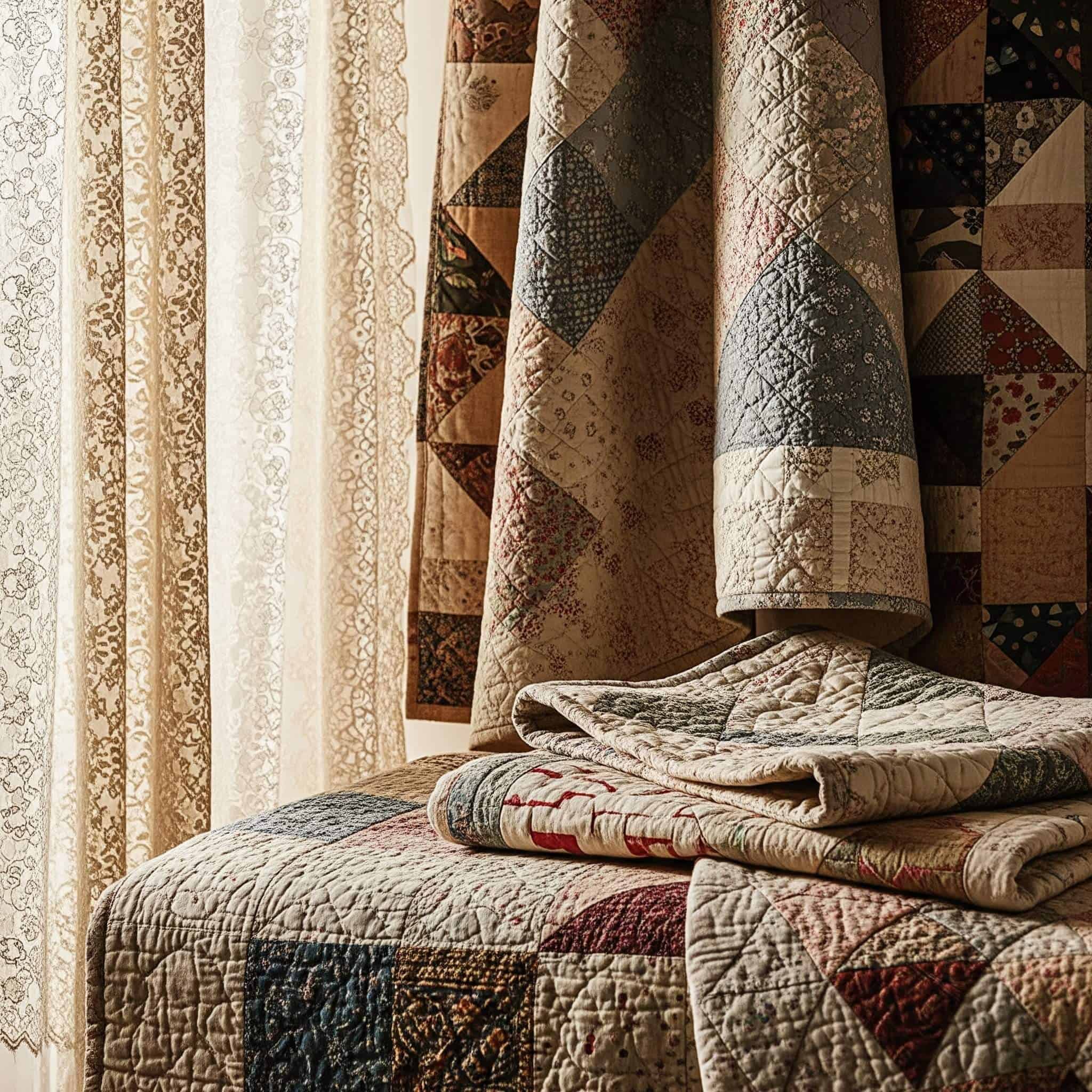 Vintage textiles and soft furnishings, handcrafted quilts, and delicate lace curtains