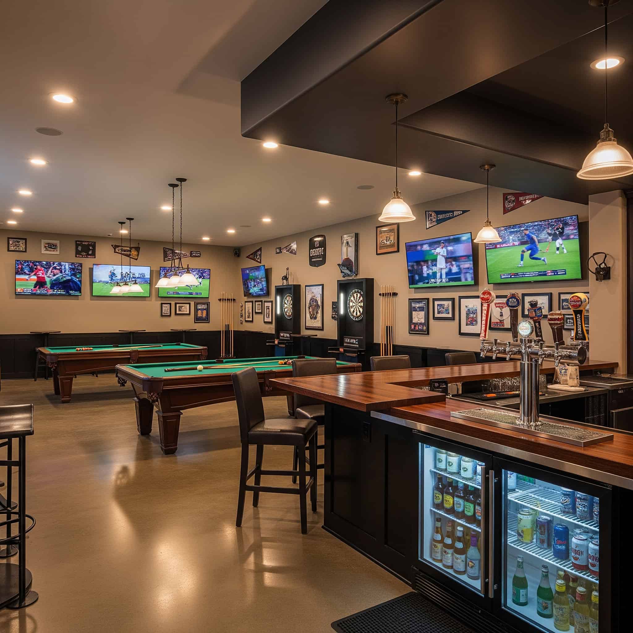 A spacious and well-lit central gaming area, perfect for entertaining, showcasing both a classic pool table and a set of dartboards for friendly competition