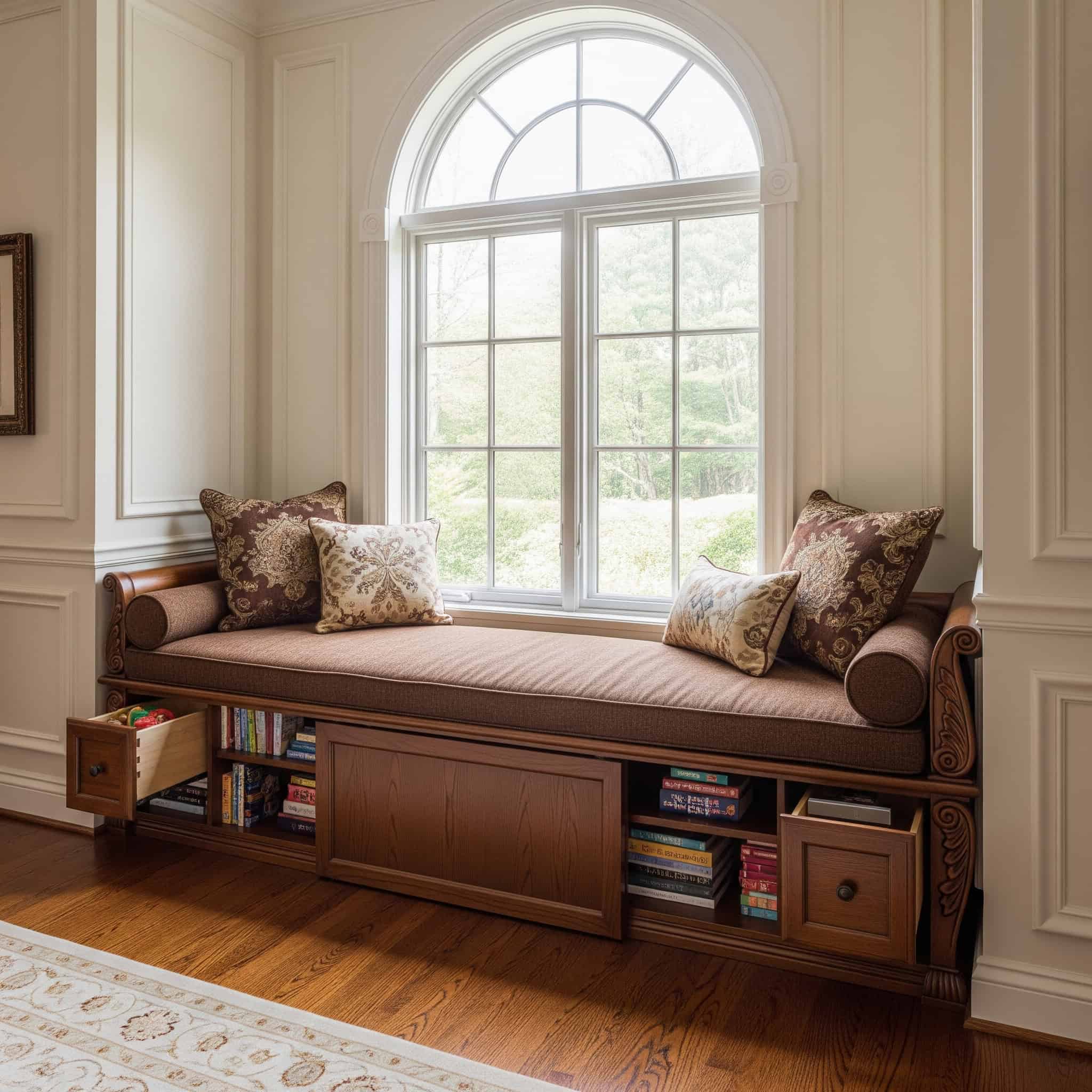 Cozy window seat with built-in storage.