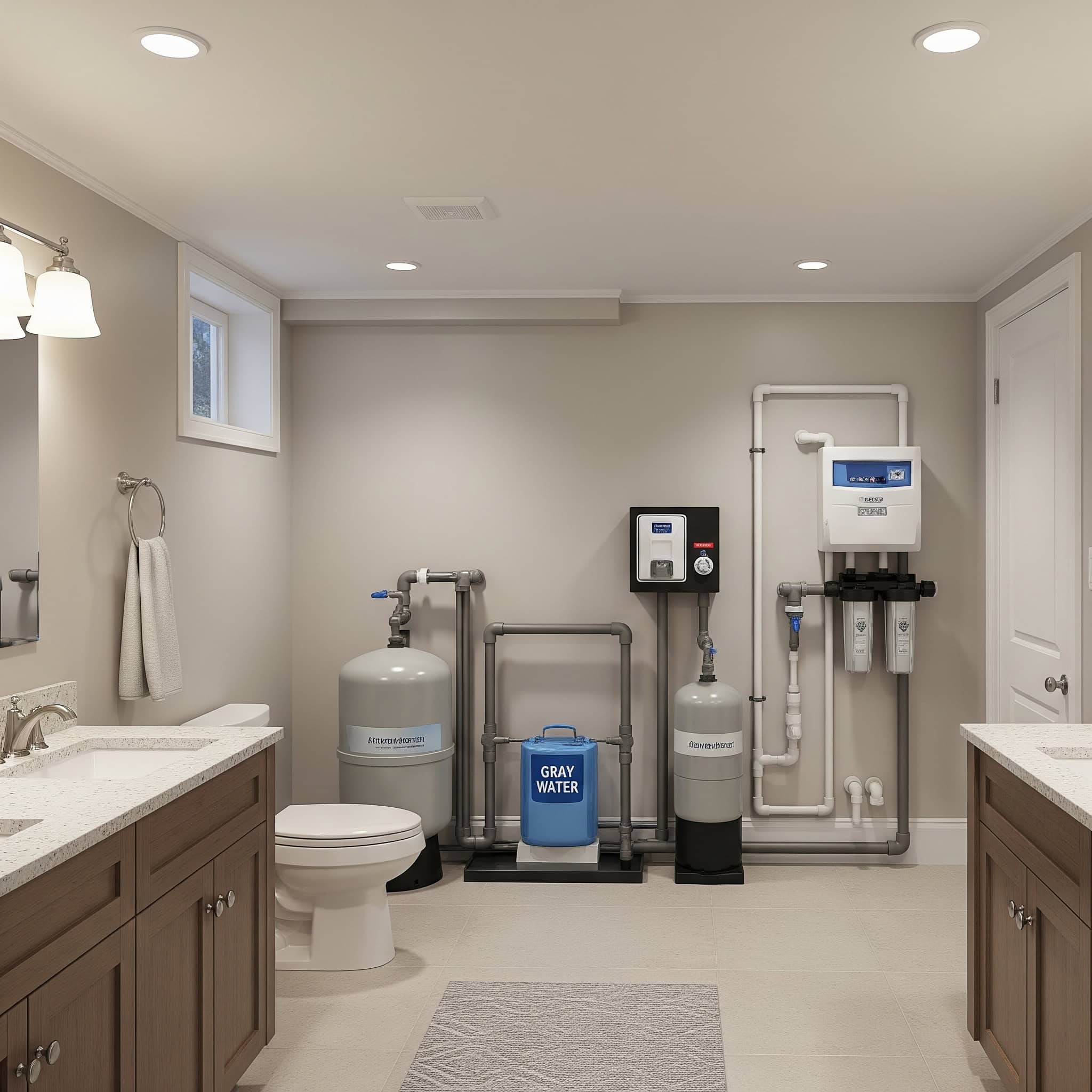 Gray water systems in a basement bathroom.