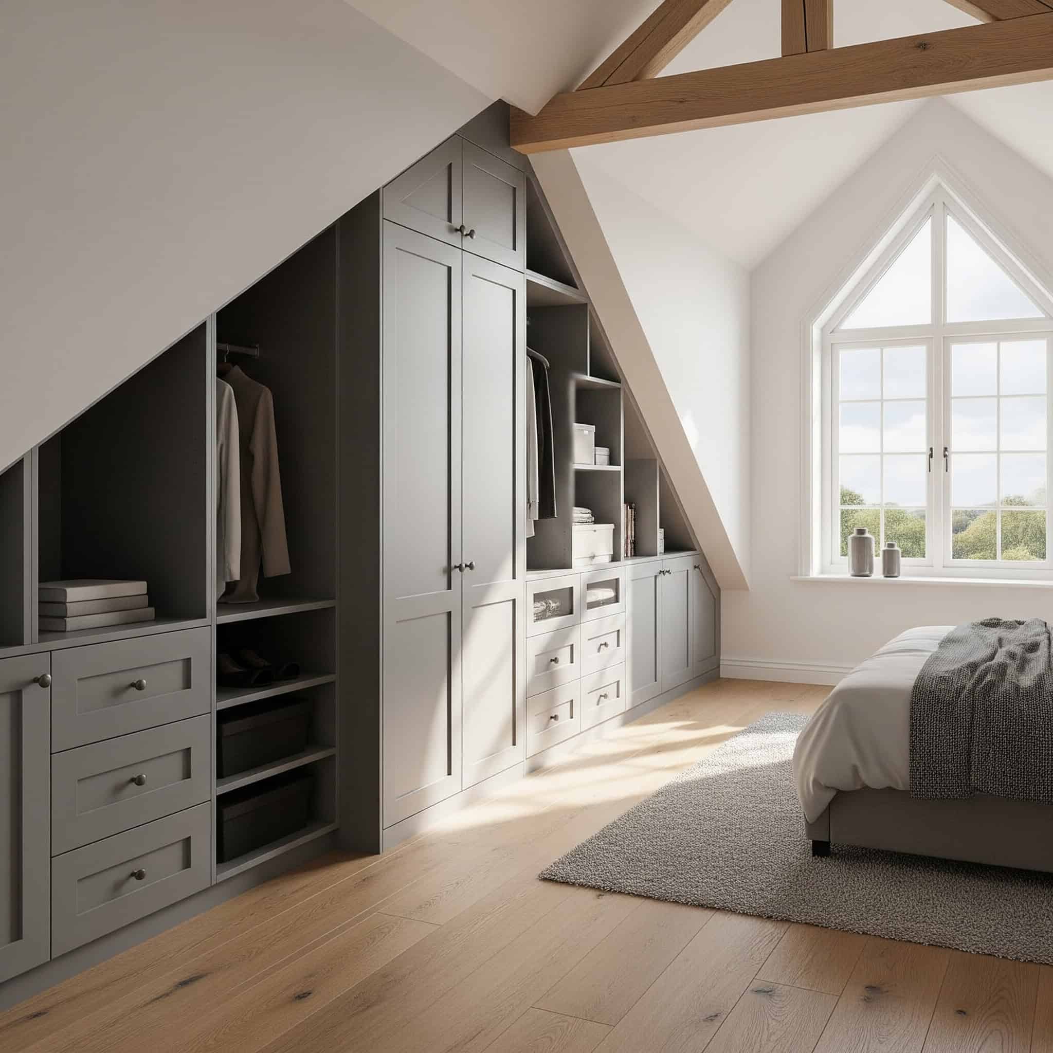 Custom built-in wardrobes in an attic bedroom