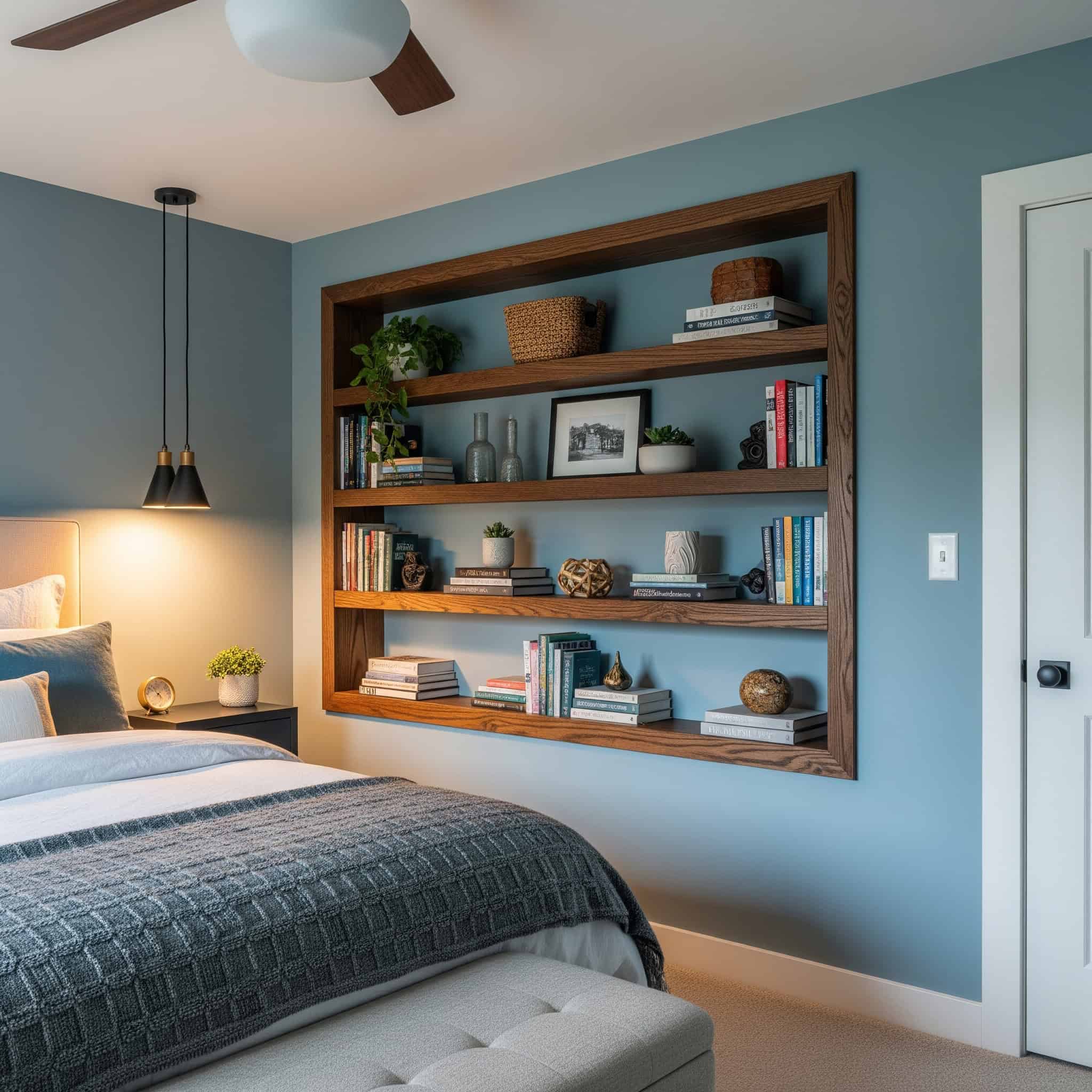 Bedroom with a built-in shelving accent wall.