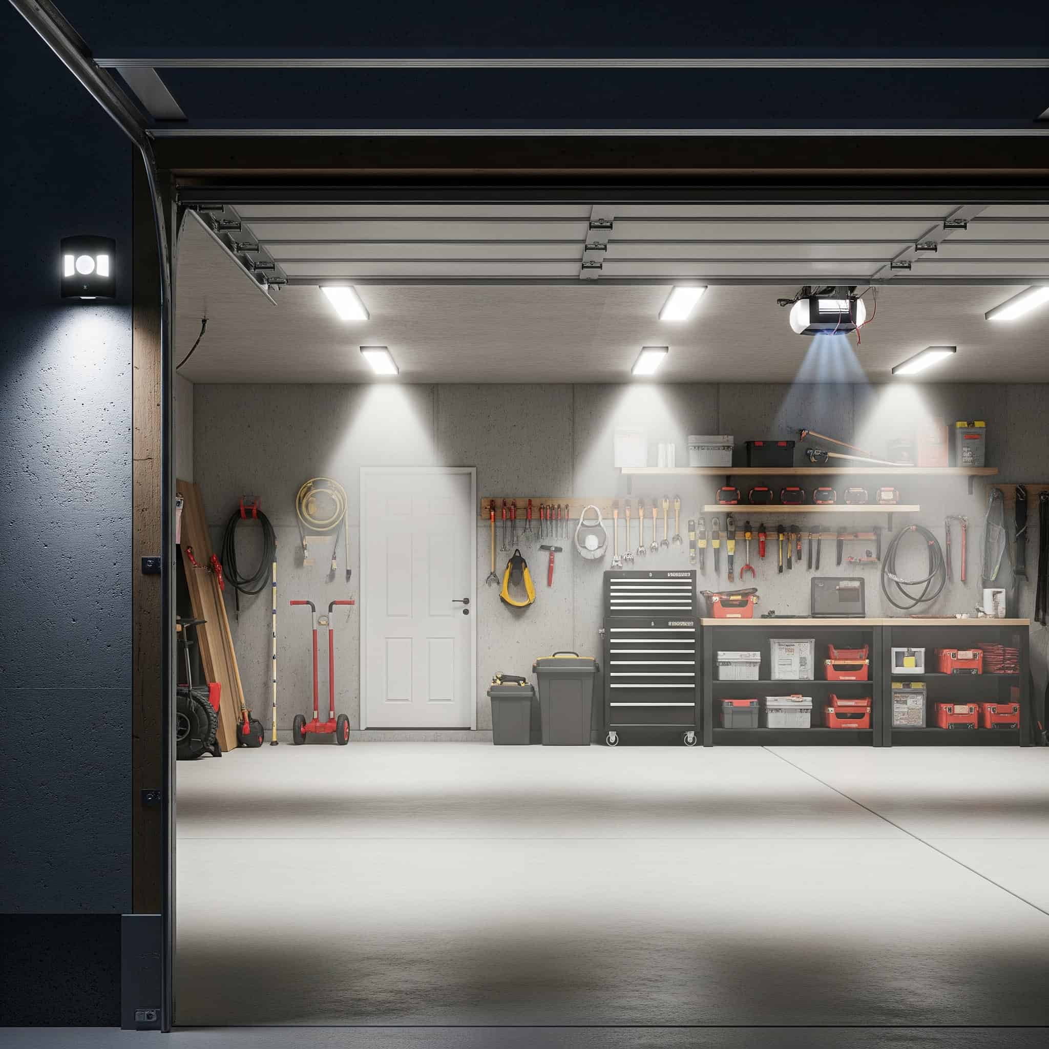 Motion-activated garage lights in a garage
