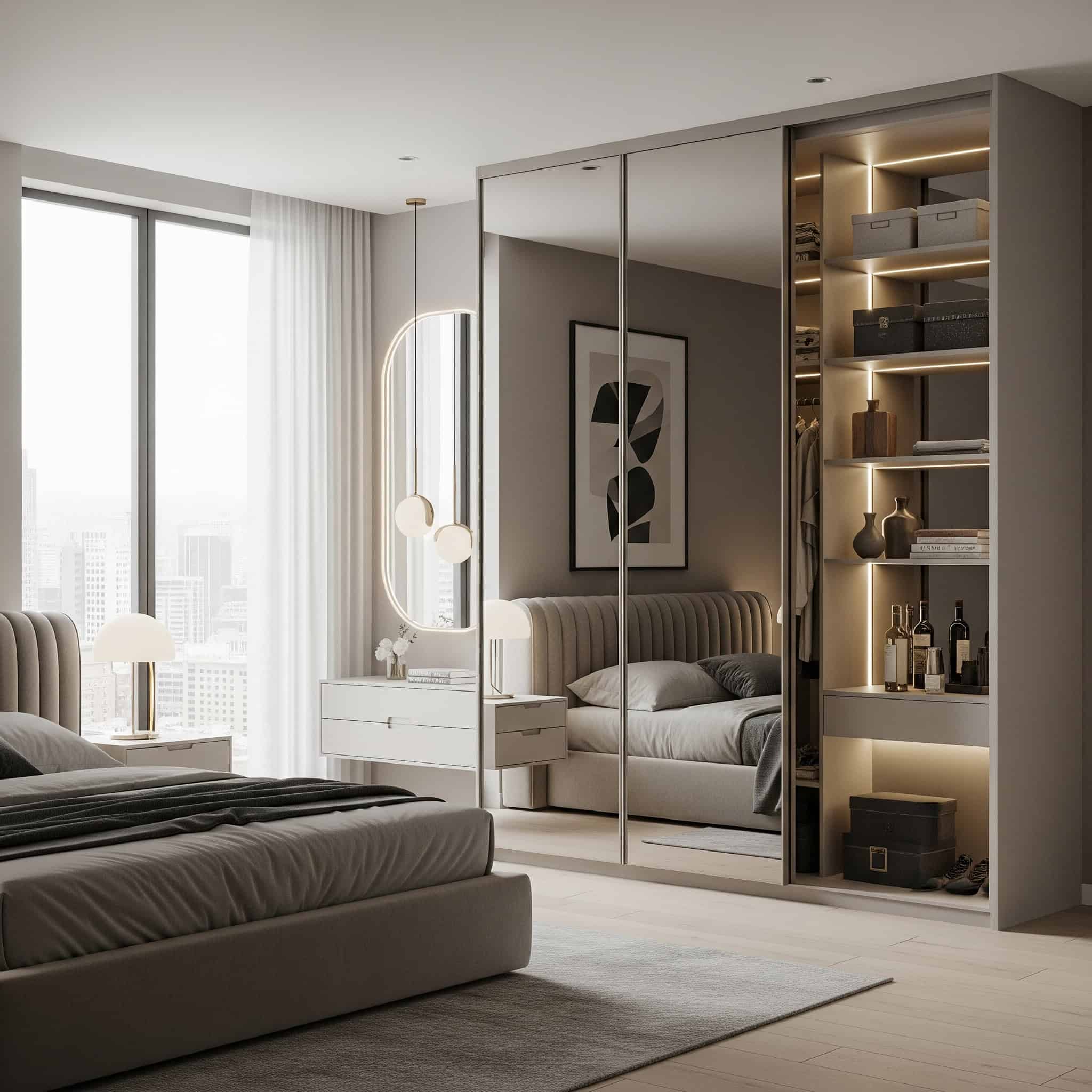 Urban bedroom with built-in wardrobes, sliding mirrored panels, and floor-to-ceiling storage.
