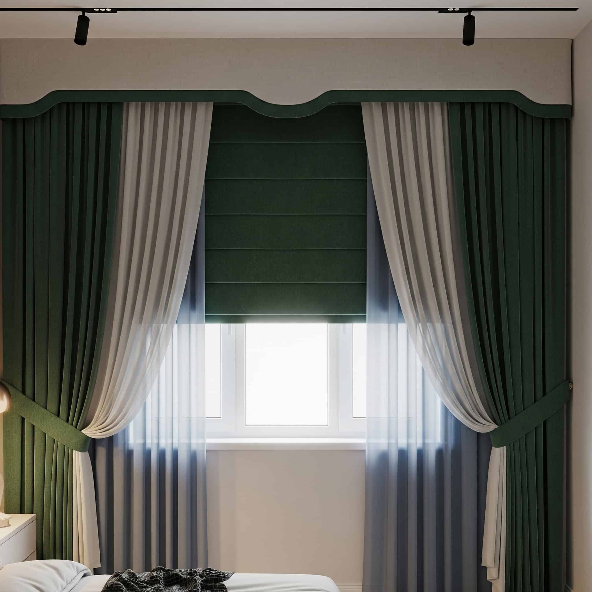 A modern 2025 bedroom with layered curtains and a valance